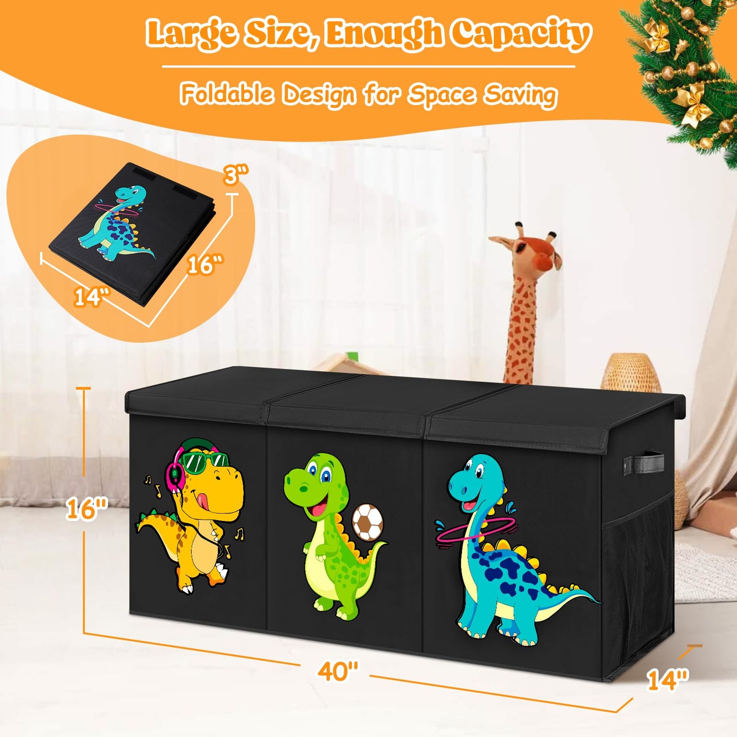 Beadsky Extra Large Toy Box, Collapsible Toddlers Toy Chest Kids Storage Organizer, Dinosaur Bin Boxes Storage Basket with Lids for Boys, Girls, Living Room, Nursery, Playroom, 40"x14"x16", Black