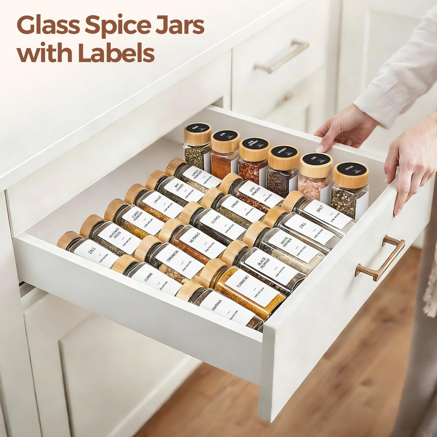 ComSaf Aesthetic Minimalist Spice Jars Set, 4 oz 24Pcs Glass Spice Containers with Labels, Bamboo Lids, 6 Extra Shaker Inserts, 93 Labels, Metal Funnel, Square Jars for Pantry Organization