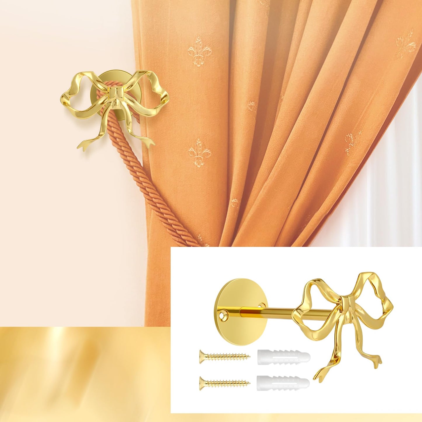 2 Pcs Gold Bow Curtain Tiebacks, Bow Curtain Holdbacks Wall Mounted, Suitable for Curtains and Bow Room Decoration