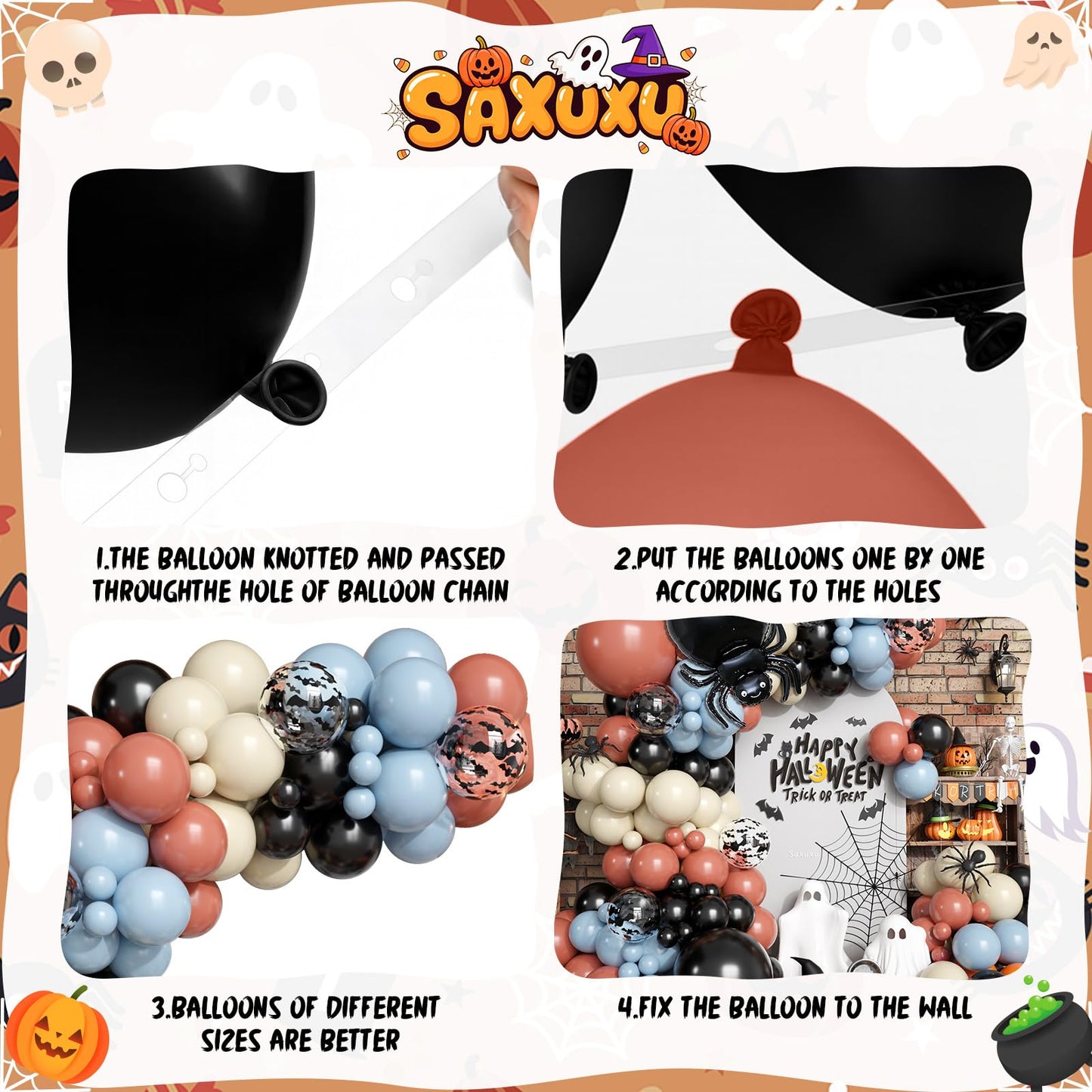 Halloween Balloons Arch Kit, 2025 Halloween Balloon Black Burnt Orange Dusty Blue Latex Balloons Garland with Ghost, Spider, Bat Printed Foil Balloon for Ghost Party Decorations