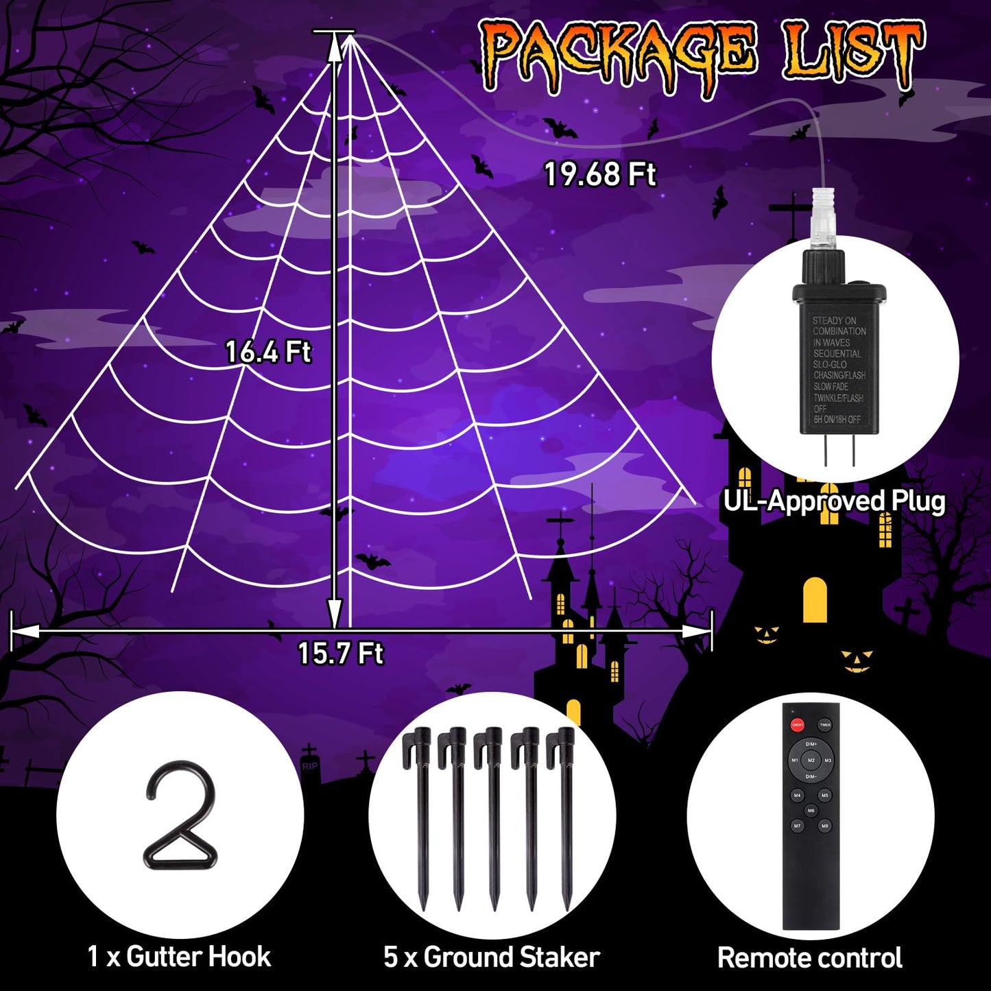 Halloween Spider Web Lights 250 LED: 19.68Ft Outdoor Web Halloween Decorations with Purple Lights - Halloweens Decor Light with 8 Modes Waterproof & Timer for Outdoor Indoor Yard Haunted House