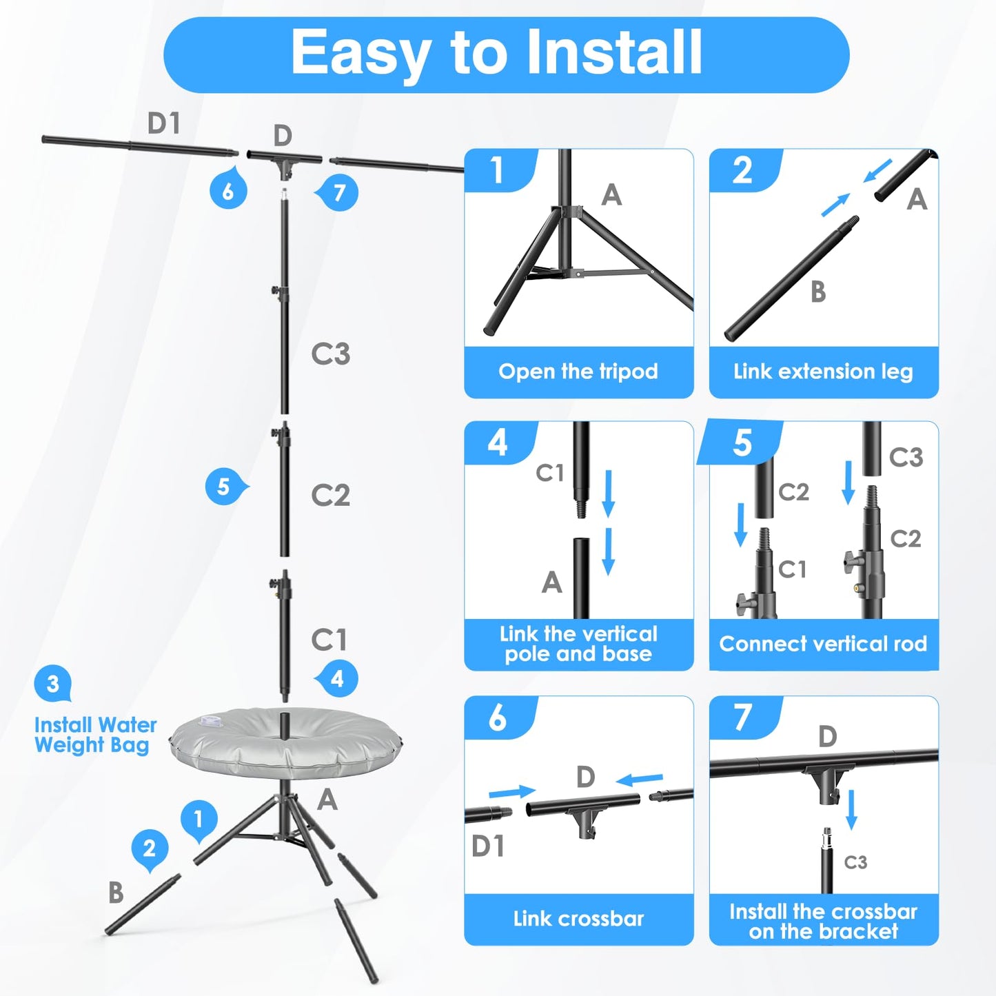 EMART T Shape Backdrop Stand 8.5x5ft, Adjustable Green Screen Photo Banner Holder with Water Bag and 4 Clamps Photography Background Support Kit for Parties, Photoshoot, Balloon
