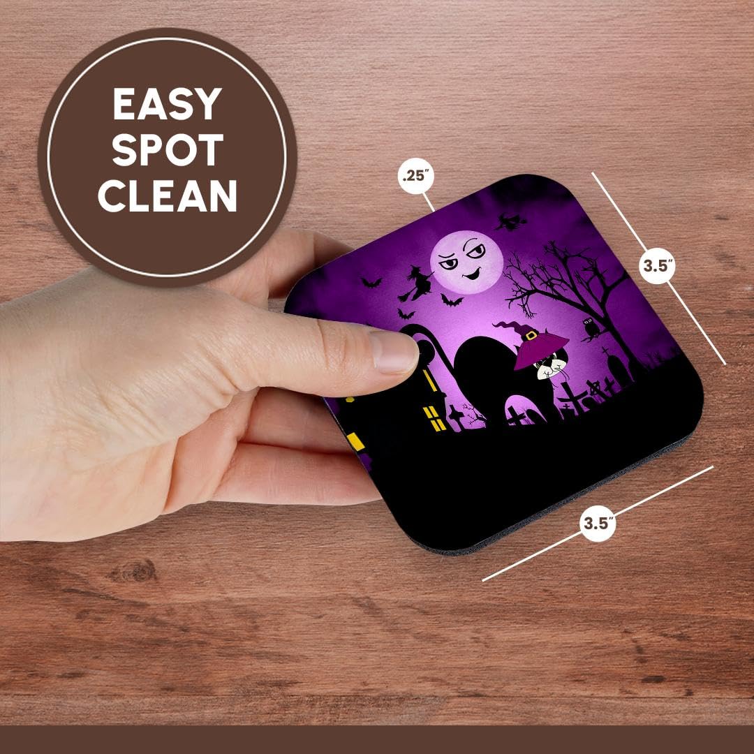 3dRose cst_173233_2 Black Cat in a Witches Hat a Laughing Moon Purple and Black Halloween-Soft Coasters, Set of 8