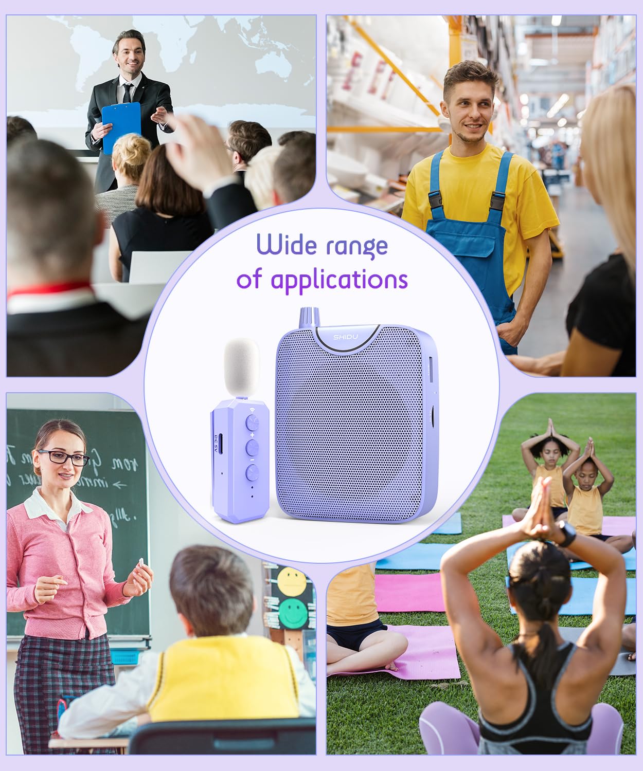 SHIDU 35W Power Voice Amplifier with Bluetooth Wireless Lavalier Microphone, Portable Teacher Mic with Speaker Personal Clip On Microphone System for Teacher Meeting Training-M500 (Purple)