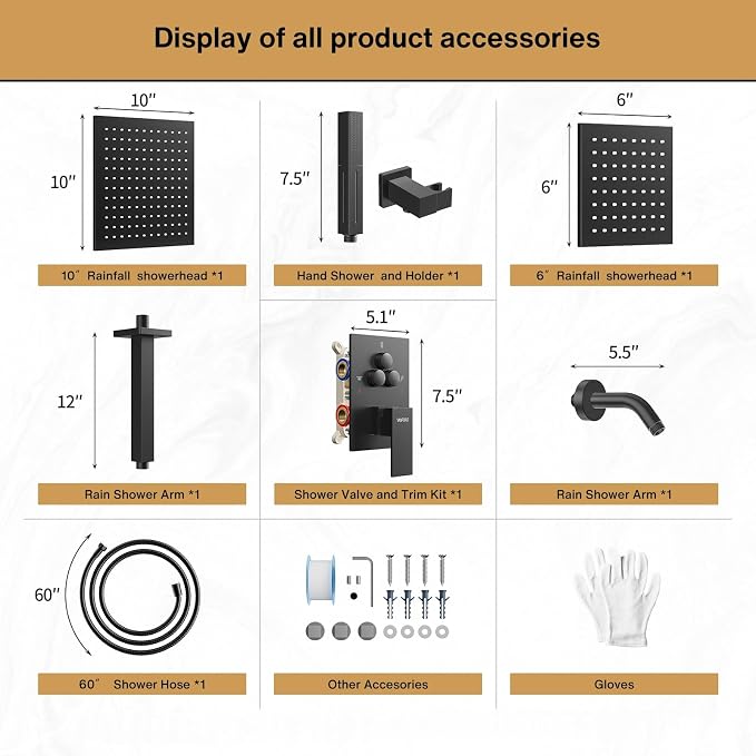 VANFOXLE Shower Faucet Set Matte Black Shower System, Push Button Diverter Shower Faucet with Trim Kit, Ceiling Mount 10 Inch Shower Head Increased Thick, 6 Inch Side Shower Head, 2-in-1 Handheld