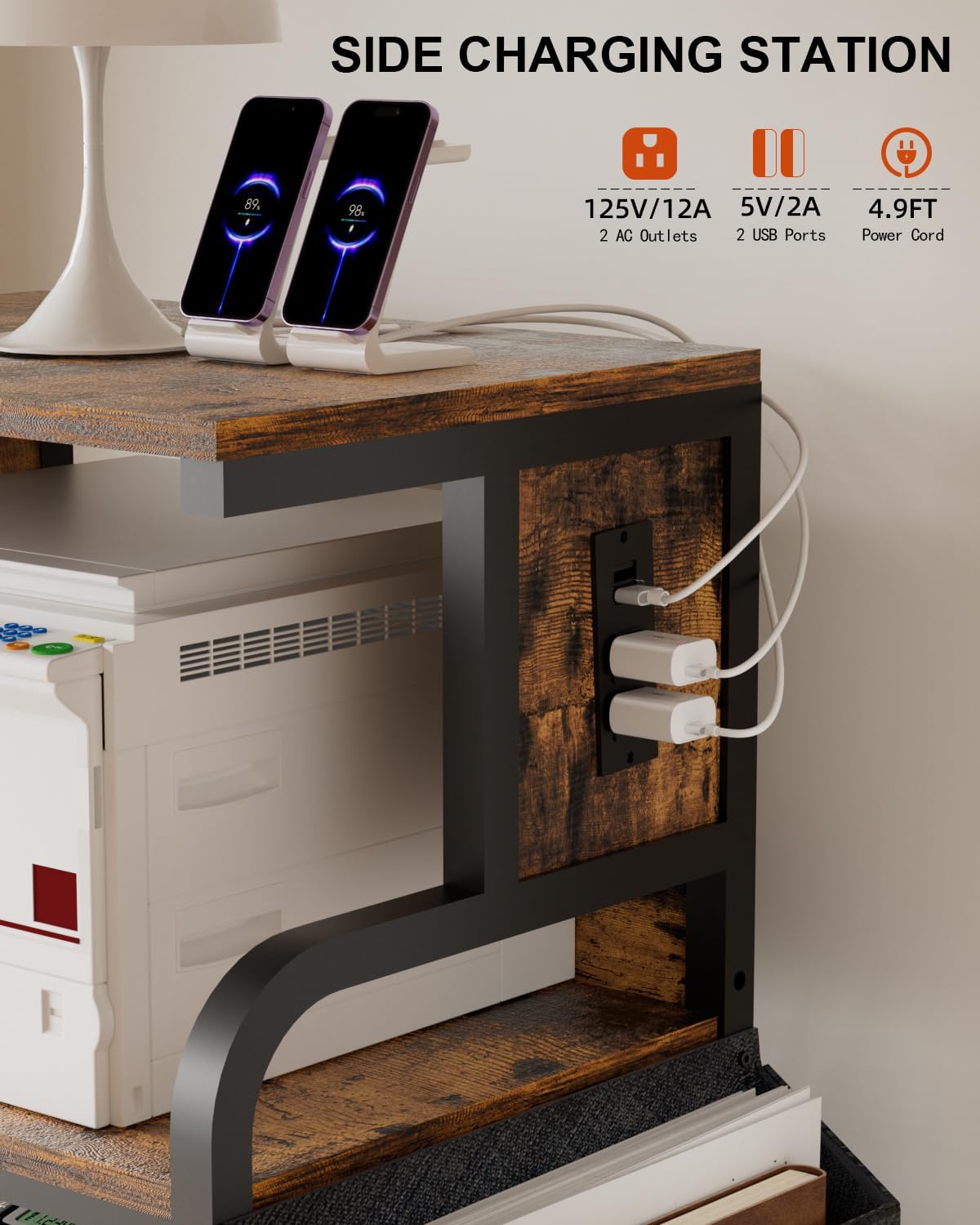 Tall Printer Stand with Storage Adjustable Shelf and Bag, 4-Tier Large Printer Table with Charging Station for Home Office, Printers Cart with Wheels for 3D Shredder Scanner Fax