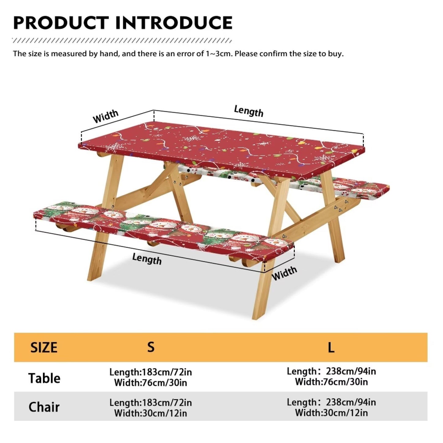 Mintulipy 3 PCS Fitted Picnic Table Cover with Bench Cover Fitted Rectangle Tables and Seats Christmas Lights Snowmen Outdoor Picnic Table Cover for Camping