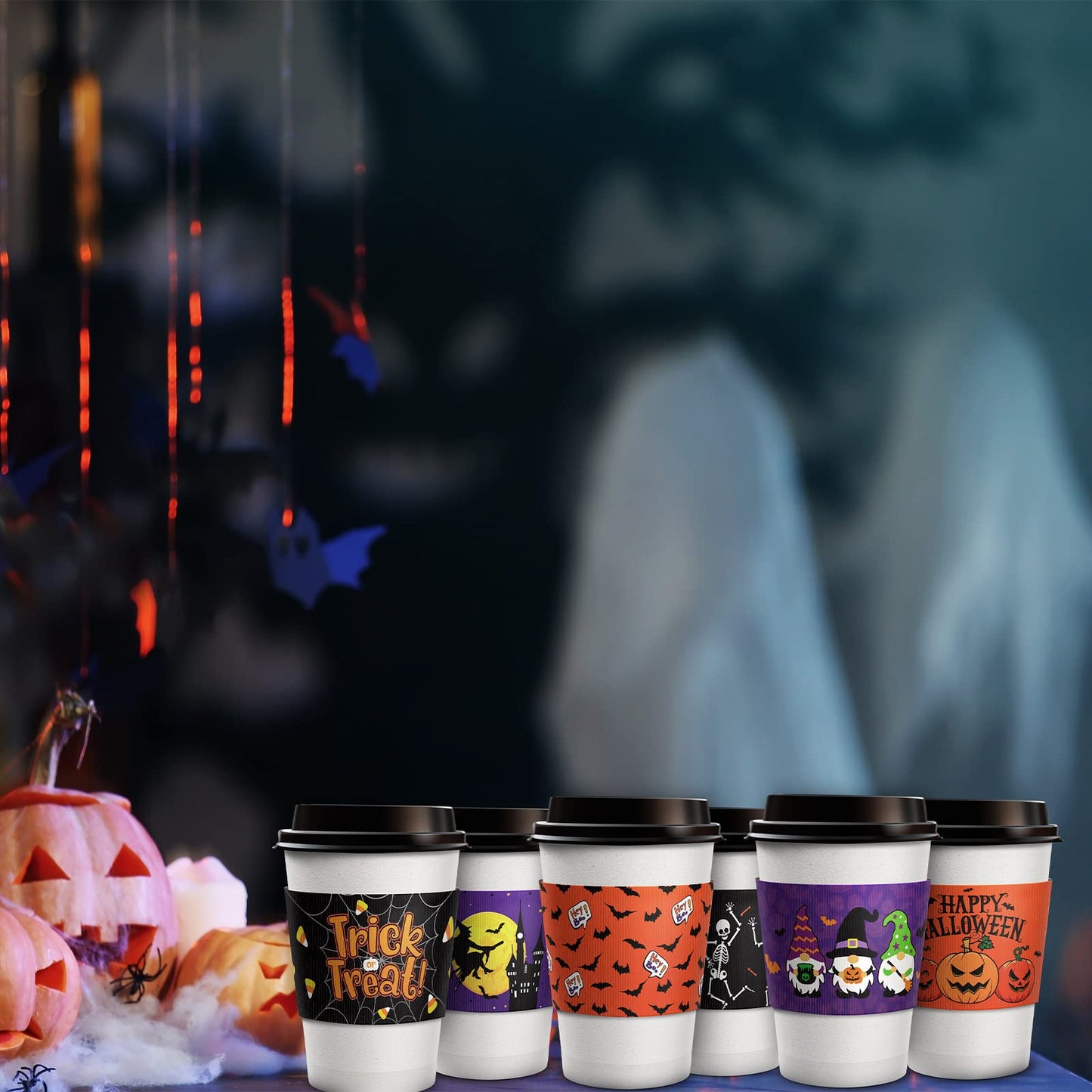 36 Pcs Halloween Coffee Cups Sleeves, Disposable Double Layer Paper Sleeves Corrugated Cup Paper Jacket for 12oz 16oz Hot Chocolate Coffee Tea or Cold Beverage, 6 Designs
