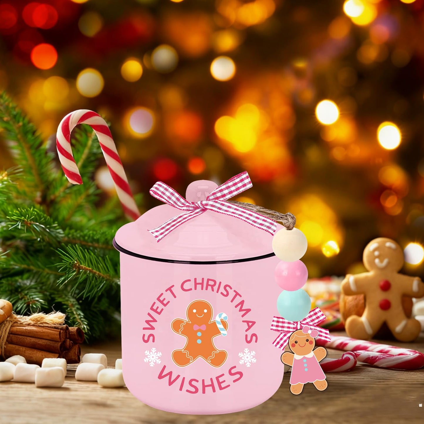JarThenaAMCS Christmas Mini Ceramic Canister Mini Jar Pink Brown Gingerbread Man Candy Bowl with Lid Buffalo Plaid Bow Wooden Beads for Xmas Winter Home Table Centerpiece Decor Storage Accessory