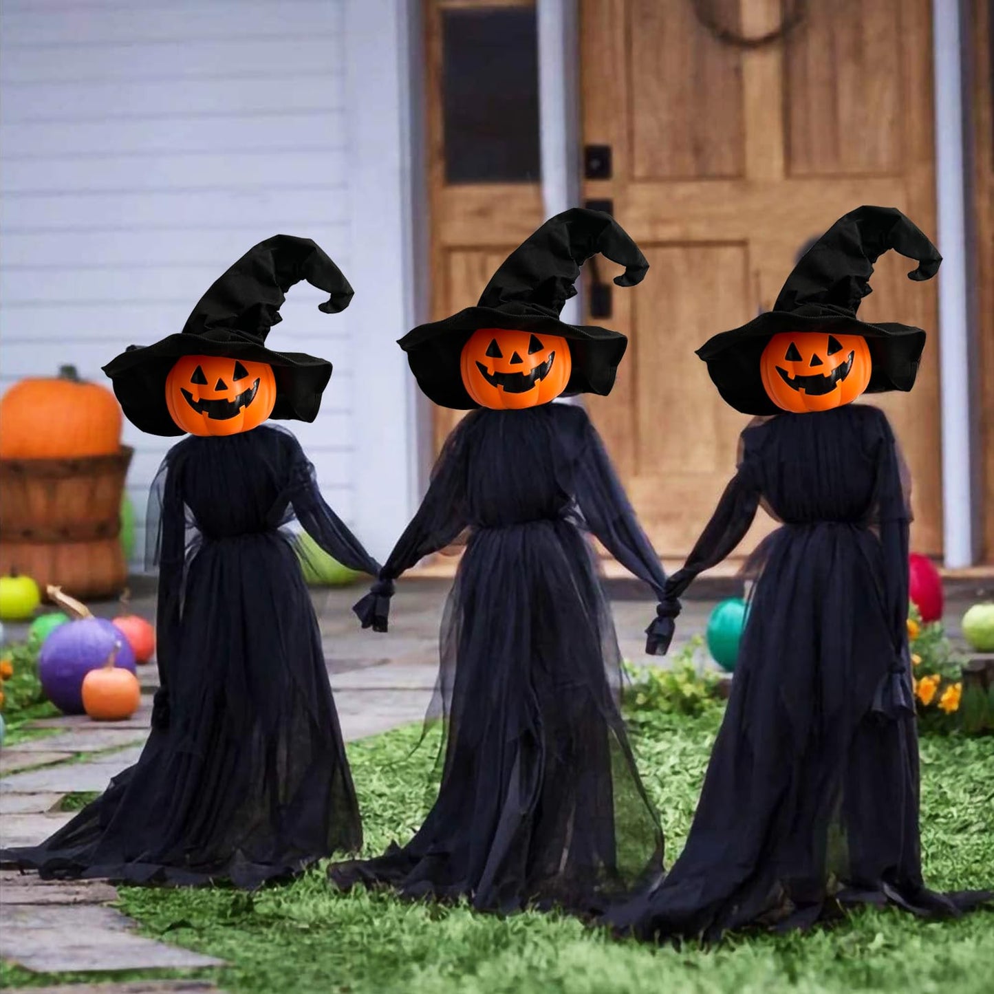 Halloween Decorations, Set of 3 Light Up Pumpkins Witches with Stakes,Voice Control Witch Glowing Head Waterproof for Outside Garden Statue Decoration Grass Lawn