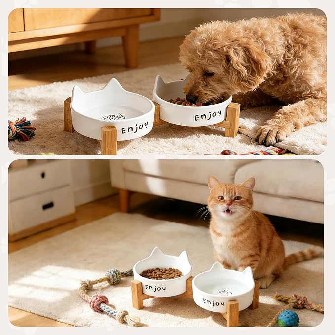 Ceramic Dog and Cat Bowl Set with Wooden Stand Slip Matte Glaze Heavy Weighted Food & Water Dish-White Cat Ear-6.76 OZ