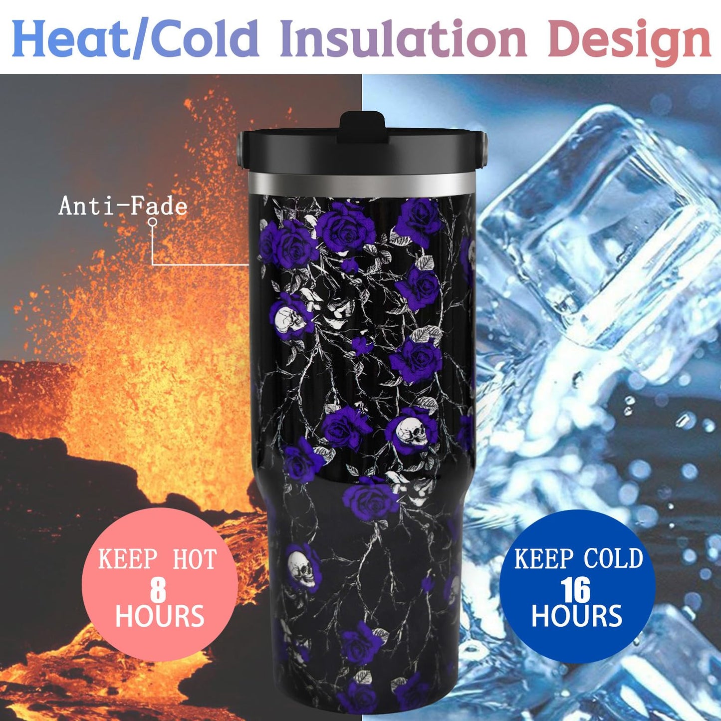 30oz Halloween Tumbler with Handle and Straw, Goth Floral Skull Insulated Tumbler, Leak Proof Travel Coffee Mug, Reusable Stainless Steel Skull Tumbler, Halloween Gifts for Women (black purple)