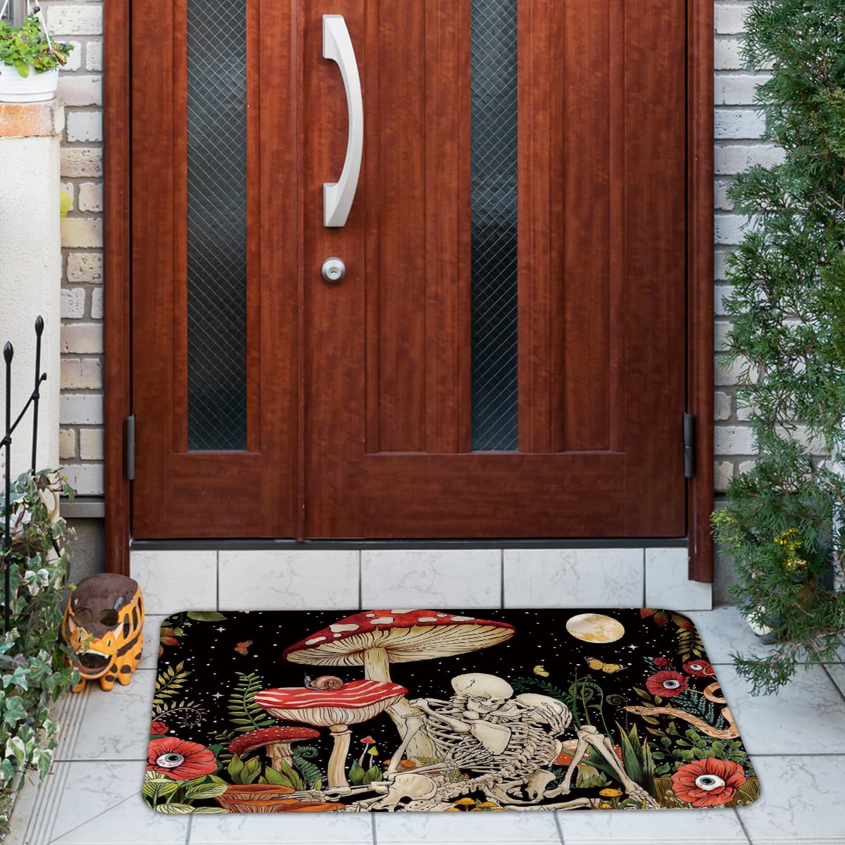 EXUQO Hippie Skeleton Door Mat,Groovy Mushroom Skull Welcome Mat Indoor Entrance for Home Living Room Bedroom Bars Cafe Porch,28x18 Inch