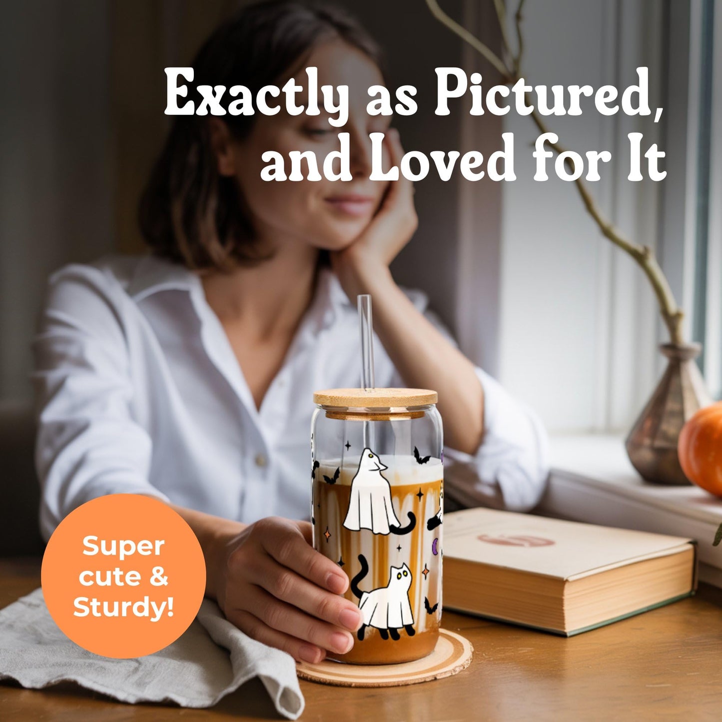 Halloween Ghost Cat Cups - Cute Halloween Gifts Spooky Boo Basket Stuffers for Women Teens Boy Girls Kids - 16oz Glass Iced Coffee Cup w/ Lids and Straw - Ideal for Trick or Treat Party Favors Decor