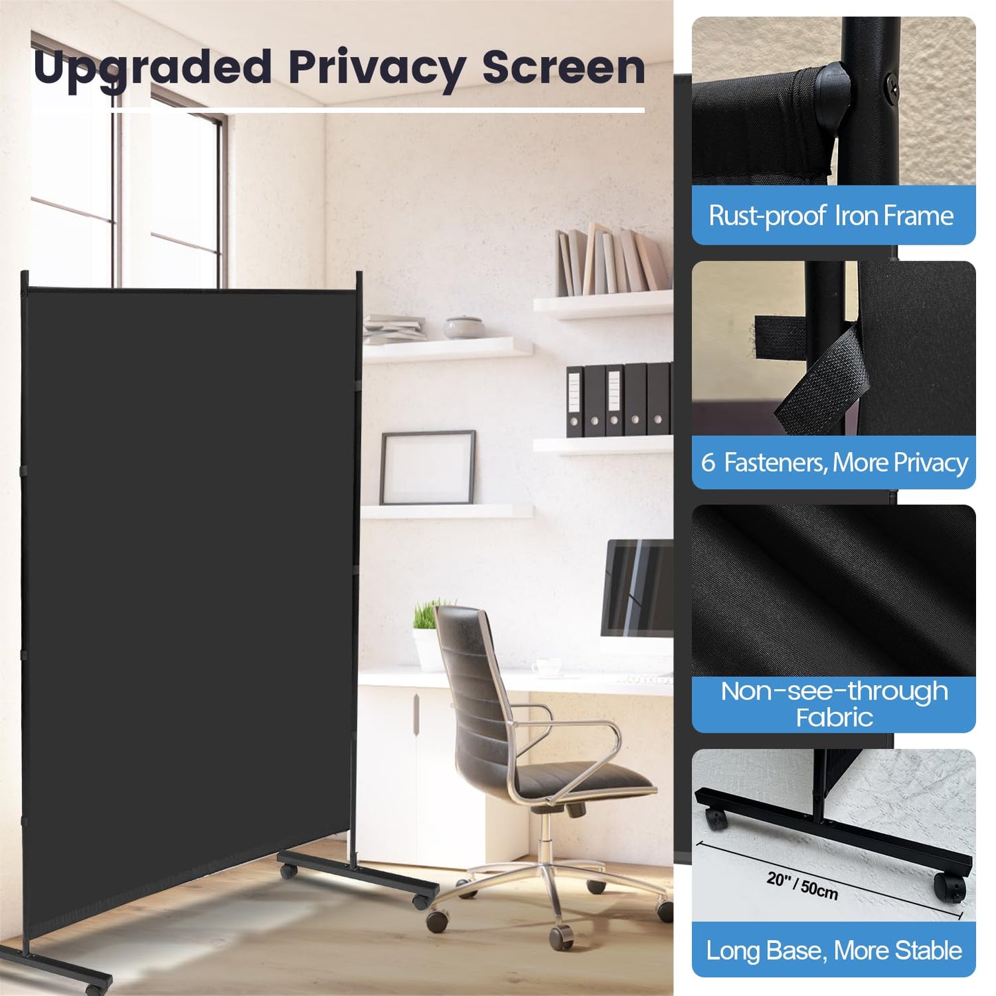 MAYOLIAH Large Single Panel Room Divider on Wheels, 71”W x 75”H Rolling Privacy Screen, Portable Wall Divider for Home Office Partition, Black