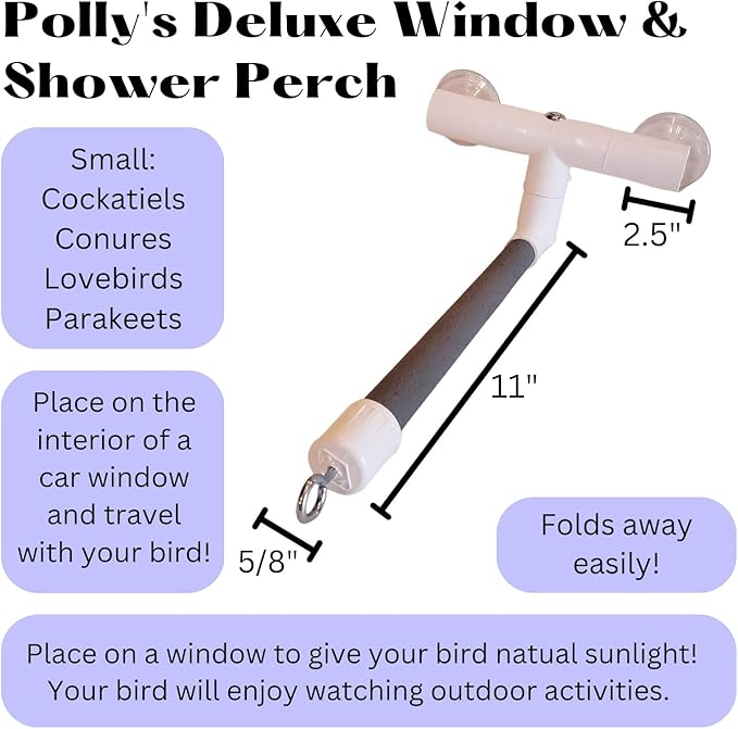 Polly's Portable Window-Shower Perch with Suction Cups for Cockatiels, Macaws, African Greys (Deluxe, Small)