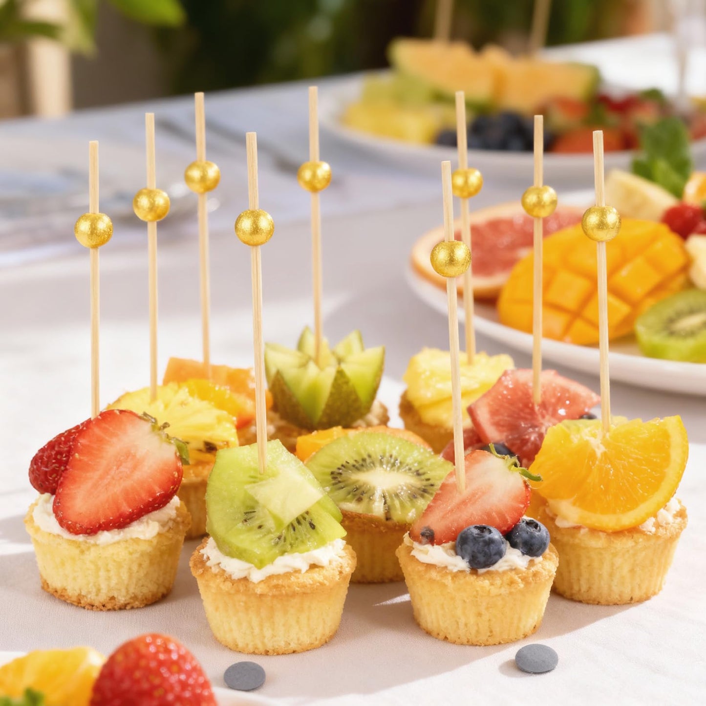 Afcabakila 1000 Pieces Cocktail Picks Fancy Toothpicks for Appetizers, 4.7” Decorative Bamboo Cocktail Sticks Appetizer Skewers for Fruit, Charcuterie, Wedding Food Party, Birthday Decor Matte Gold
