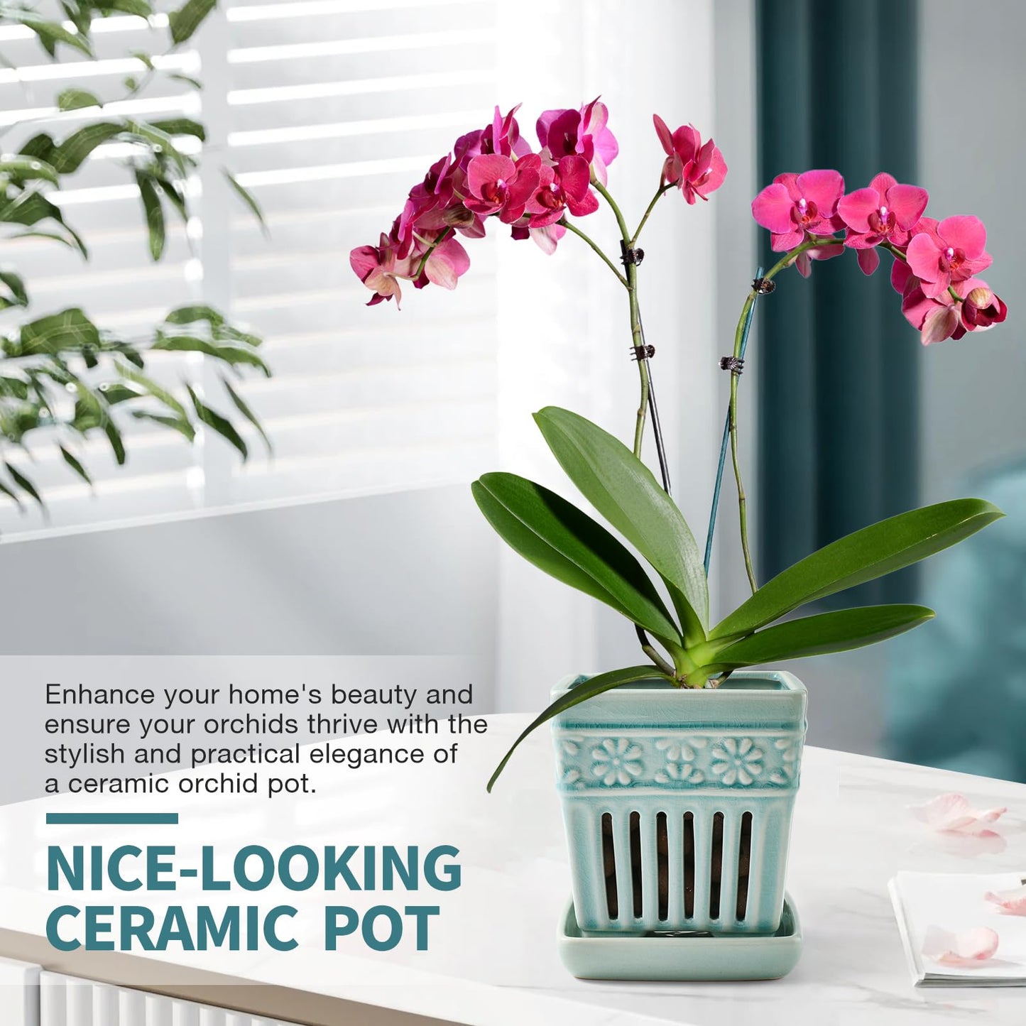 SUADEN Orchid Pots with Holes | 5" Ceramic Orchid Planter with Separate Saucer and Drainage Holes | Crackle Glazed Pottery Small Flower Pot for Repotting Orchids(Blue)