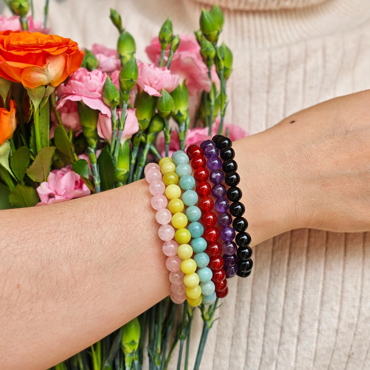 Handmade Natural Gemstone Elastic Bracelet - Healing Crystal Beads Jewelry, Unisex (Imperial Jasper, 8mm)