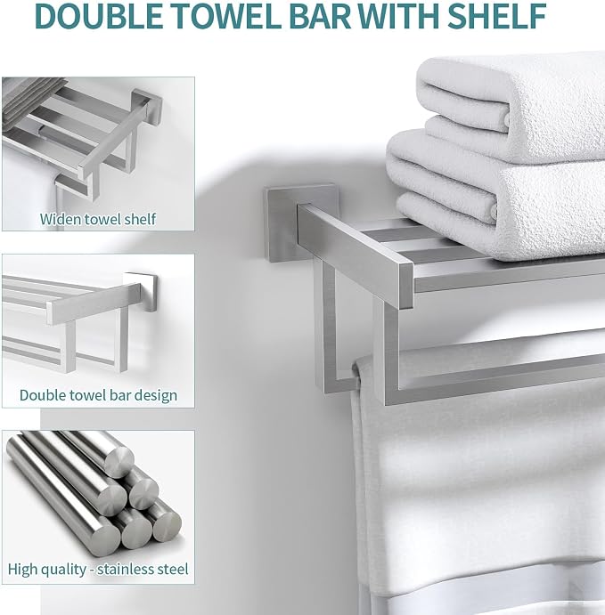 Towel Racks for Bathroom Wall Mounted, 24 Inch Double Towel Bar, Dual Towel Rack with Shelf, Stainless Steel Hand Towel Hanger, Bath Towel Holder for Wall, Brushed Nickel