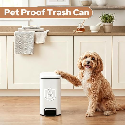 Small Bathroom Trash Can w/Lid Soft Close, 6 Liter/1.6 Gallon Stainless Steel Garbage Can w/Inner Bucket, Trash Bin Waste Basket for Kitchen, Bedroom, Living Room, Office, Toilet, White