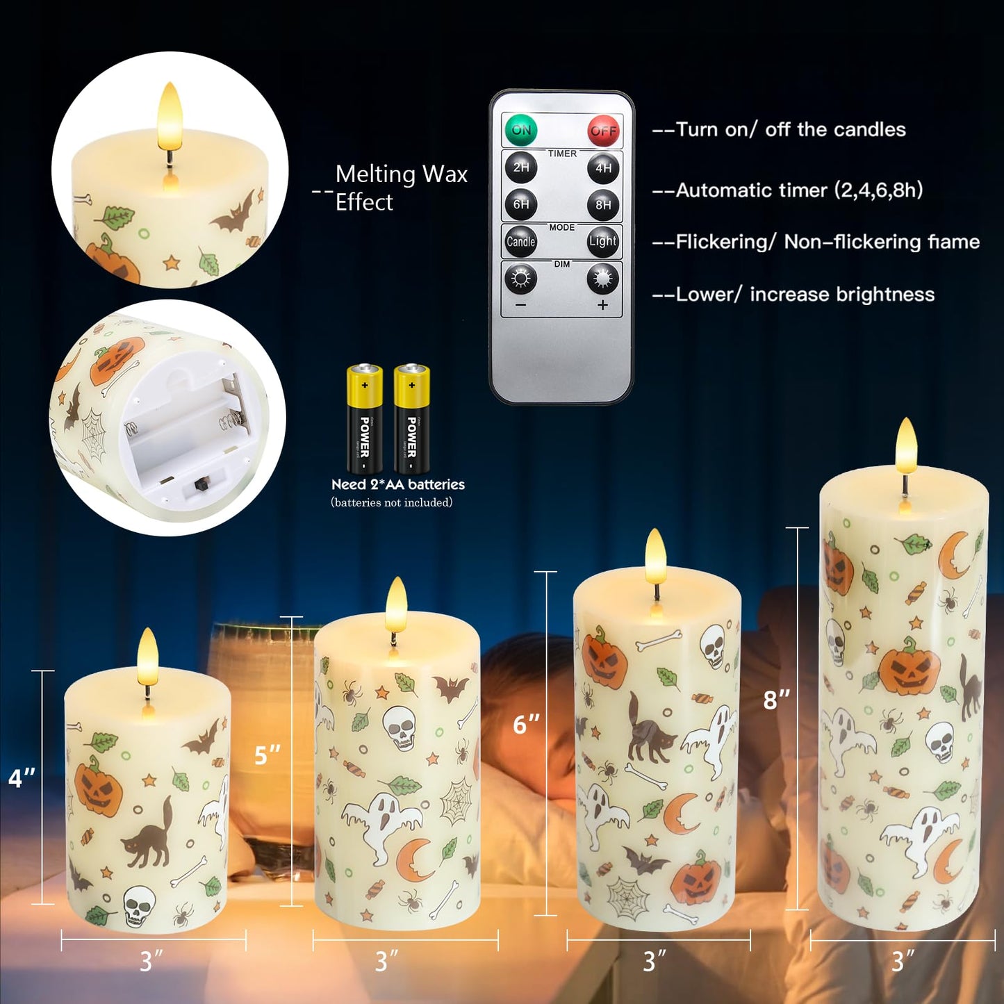 Lezonic Ivory Flameless Candles with Remote, LED Battery Operated Flickering with Timer, 4 Pack Glossy Wax Drips Design Real Wax Pillar for Halloween Decor, Centerpiece, Birthday Gifts (4/5/6/8 Inch)