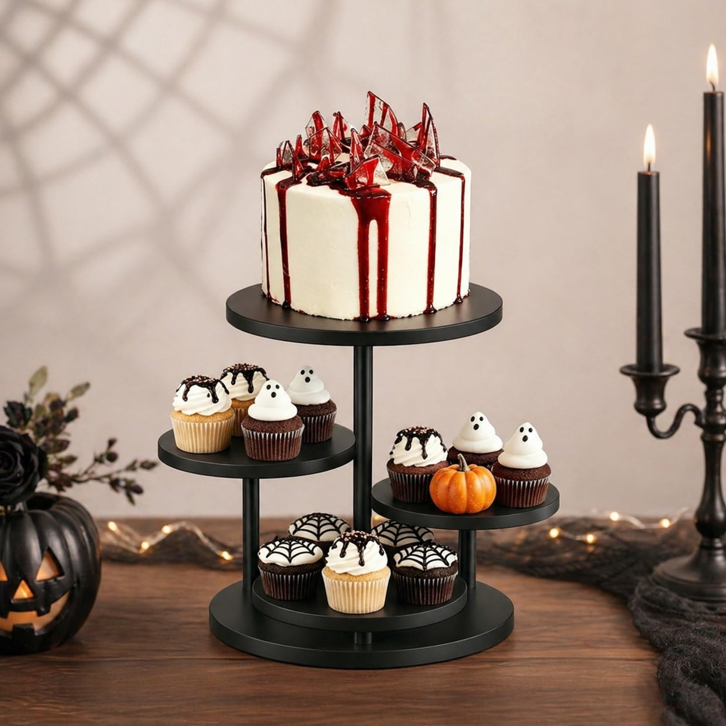 Cupcake Tower for 50 Cupcakes 4 Tier Wooden Dessert Display Stands 360°Rotatable Cookie Display Stand with Tiered Trays Round Cake Stand for Parties Wedding Halloween Dessert Table, Black