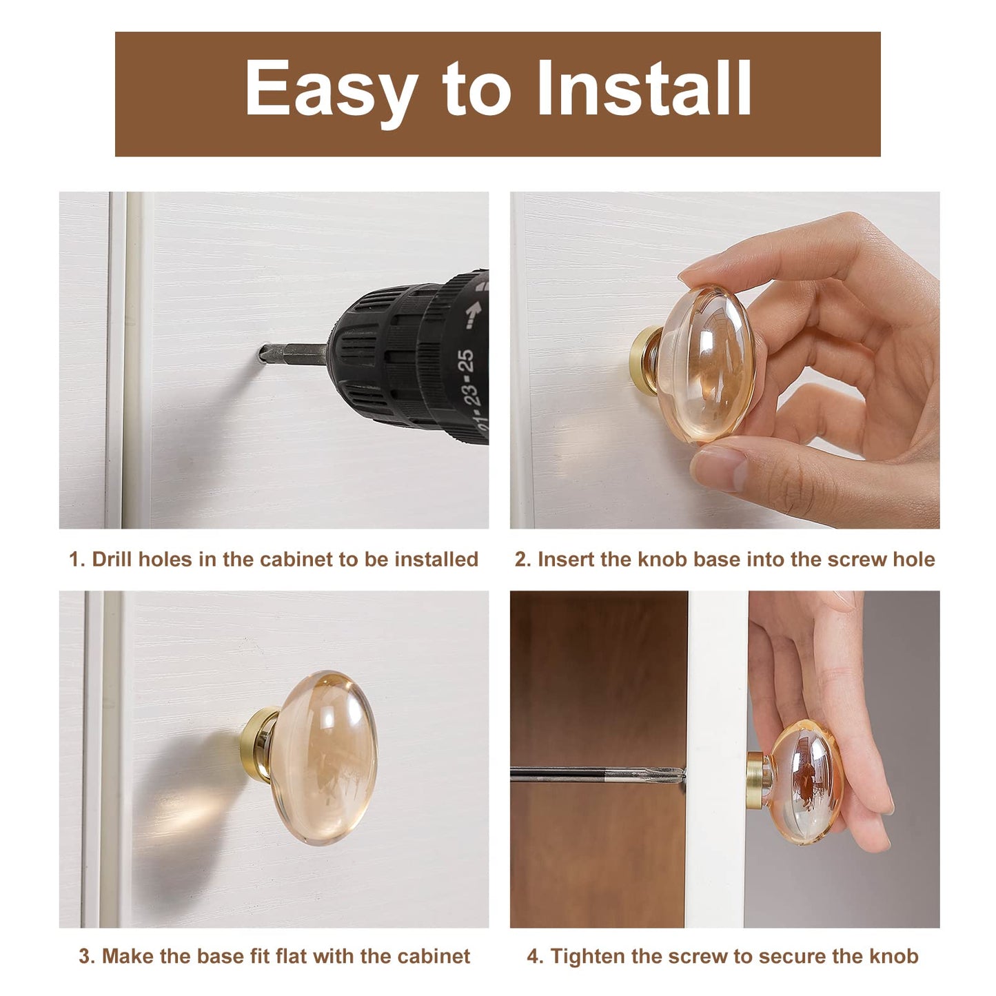 CLCTK 8 Pack Champagne Crystal Cabinet Knobs, Gold Cabinet Glass Knobs for Dresser Drawers Brass Furniture Hardware Pulls (Oval)