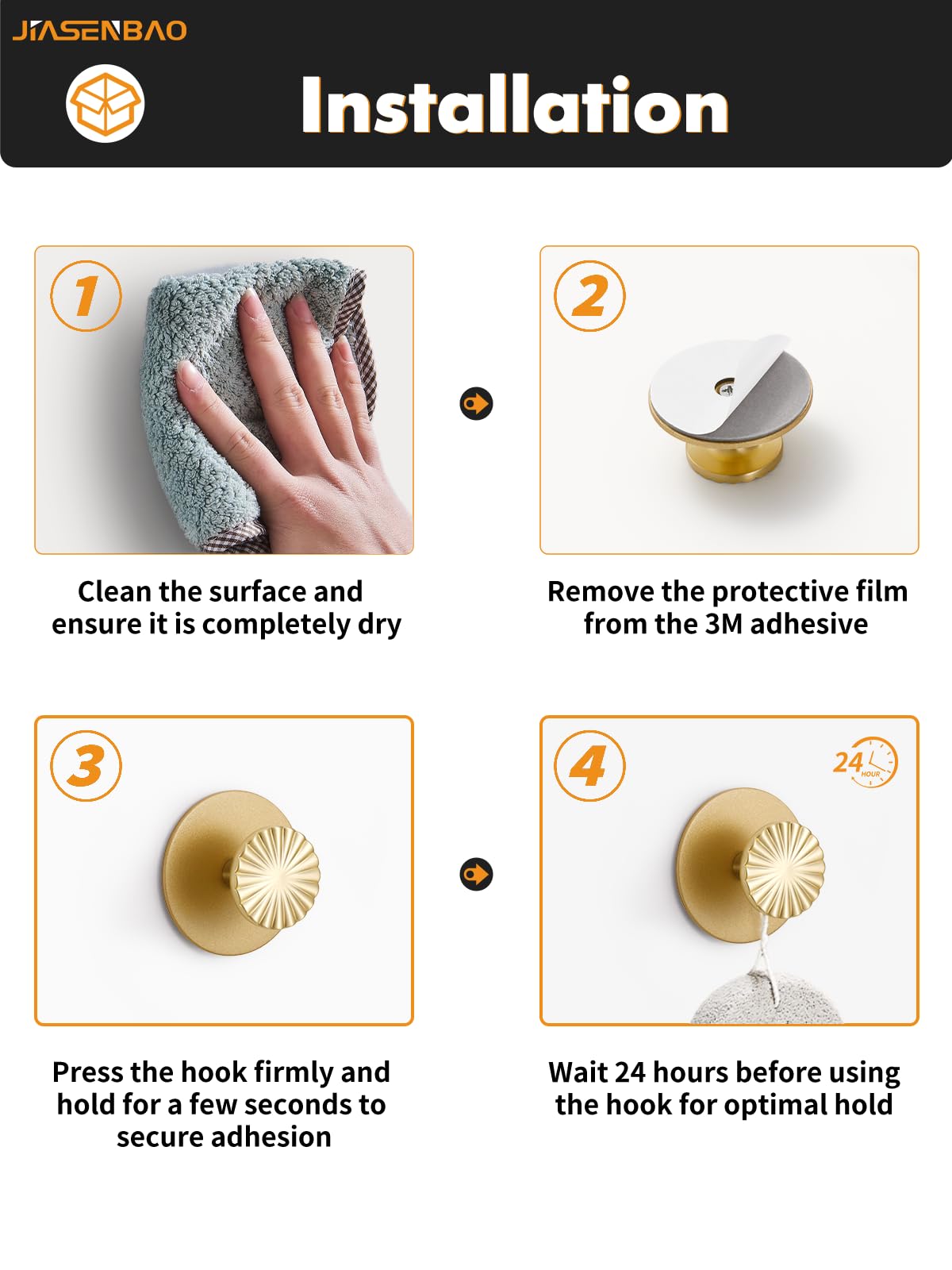 JIASENBAO 4 Pack Adhesive Coat Hooks for Bathrooms Gold Wall Robe Towel Hooks for Hanging Kitchen Decorative Heavy Duty Zinc Alloy