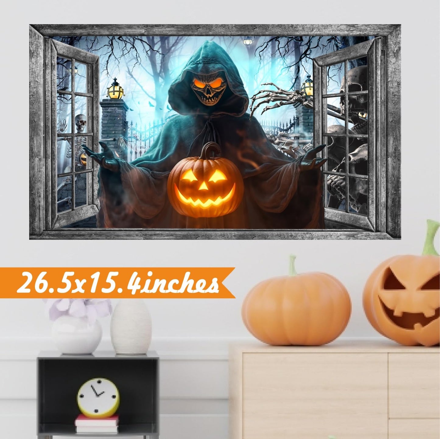 Halloween Wall Decor Halloween Decals 3D Fake Window Wall Decal Peel and Stick Grim Reaper Pumpkins Skeleton Wall Art Murals Halloweens Decoration for Living Room Bedroom Haunted House Party Supplies