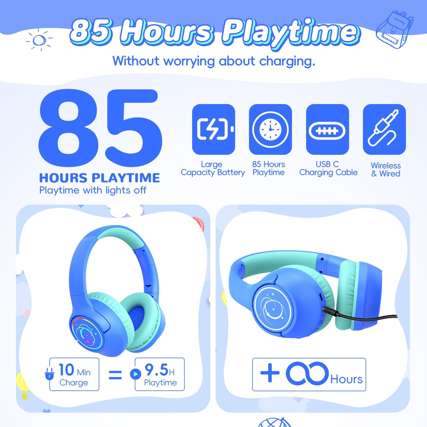 Kids Bluetooth Headphones, 85H Playtime Wireless Headphones for Kids, Colorful LED Lights, 85/94dB Safe Volume Limit, Bluetooth 5.4 Built-in Mic Toddler Headset for Tablet/Airplane/Travel (Blue)
