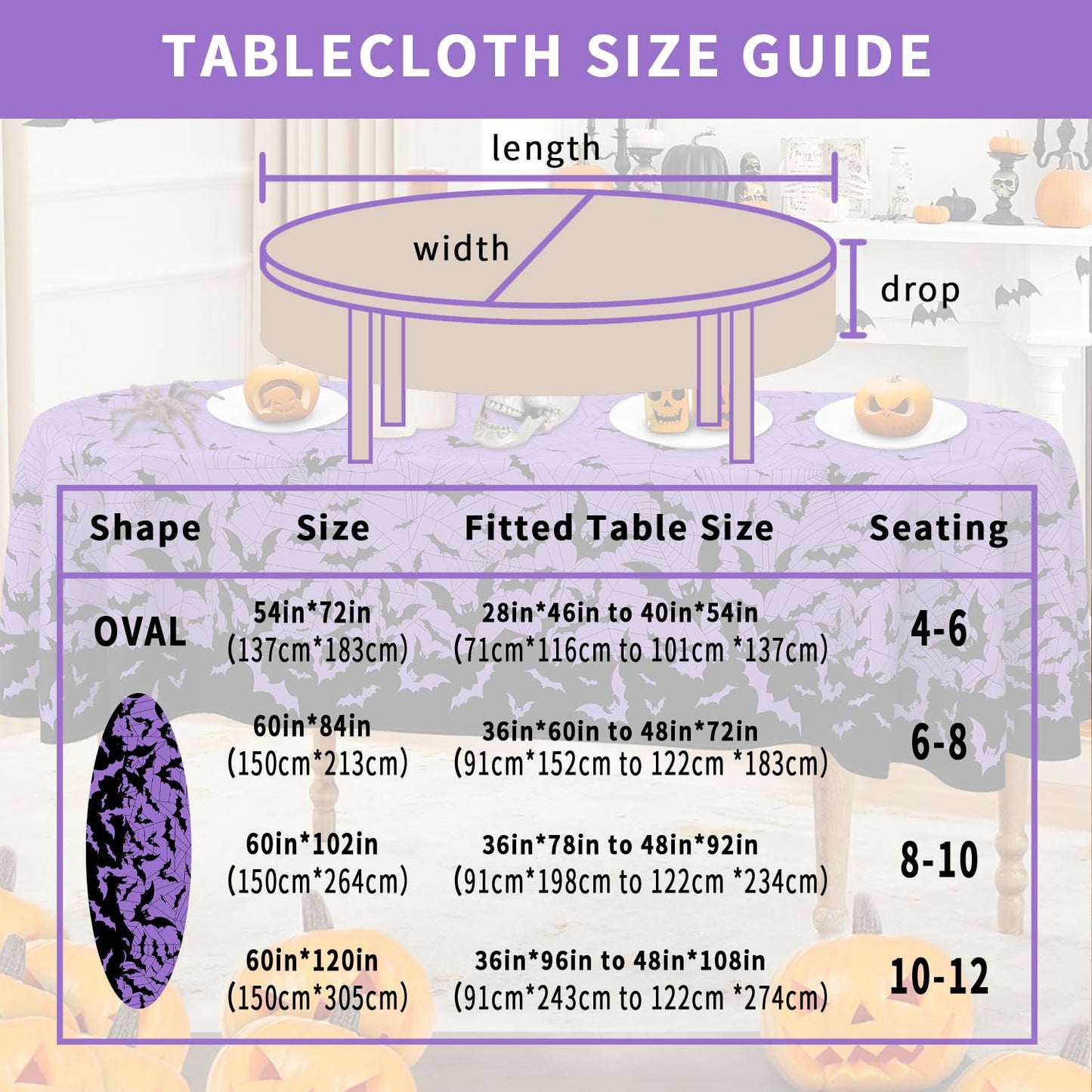 HSOWKDN Oval Halloween Tablecloth 60×84 Inch, Halloween Purple Tablecloths Oval Spider Web Bat Table Cloth Washable, Spooky Table Cover Decor for Party Picnic Dinner