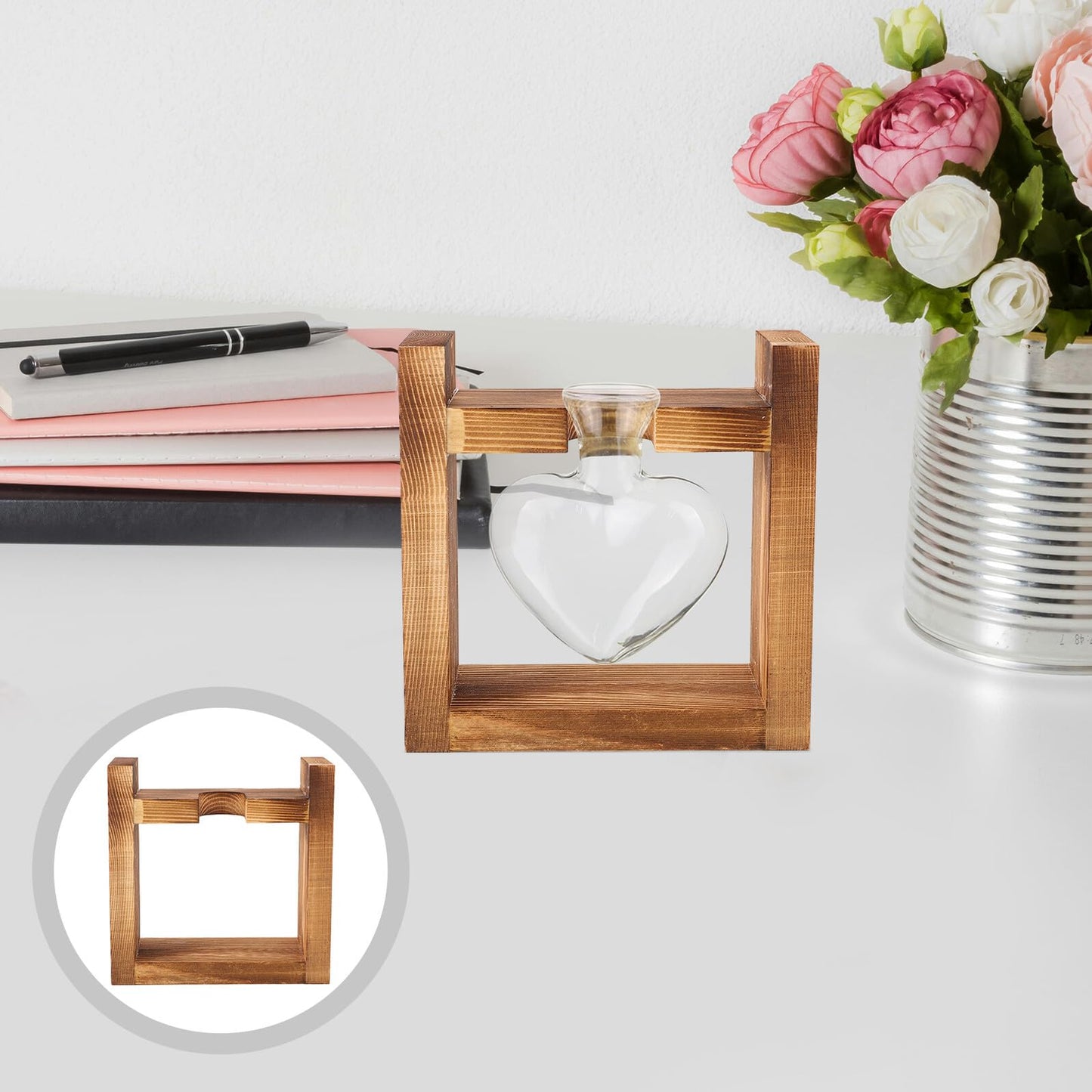 BESPORTBLE Wooden Frame Hydroponic Vase with Bulb Glass for Desktop Propagation Station, Heart-Shaped Terrarium Planter for Home Office Plant Display