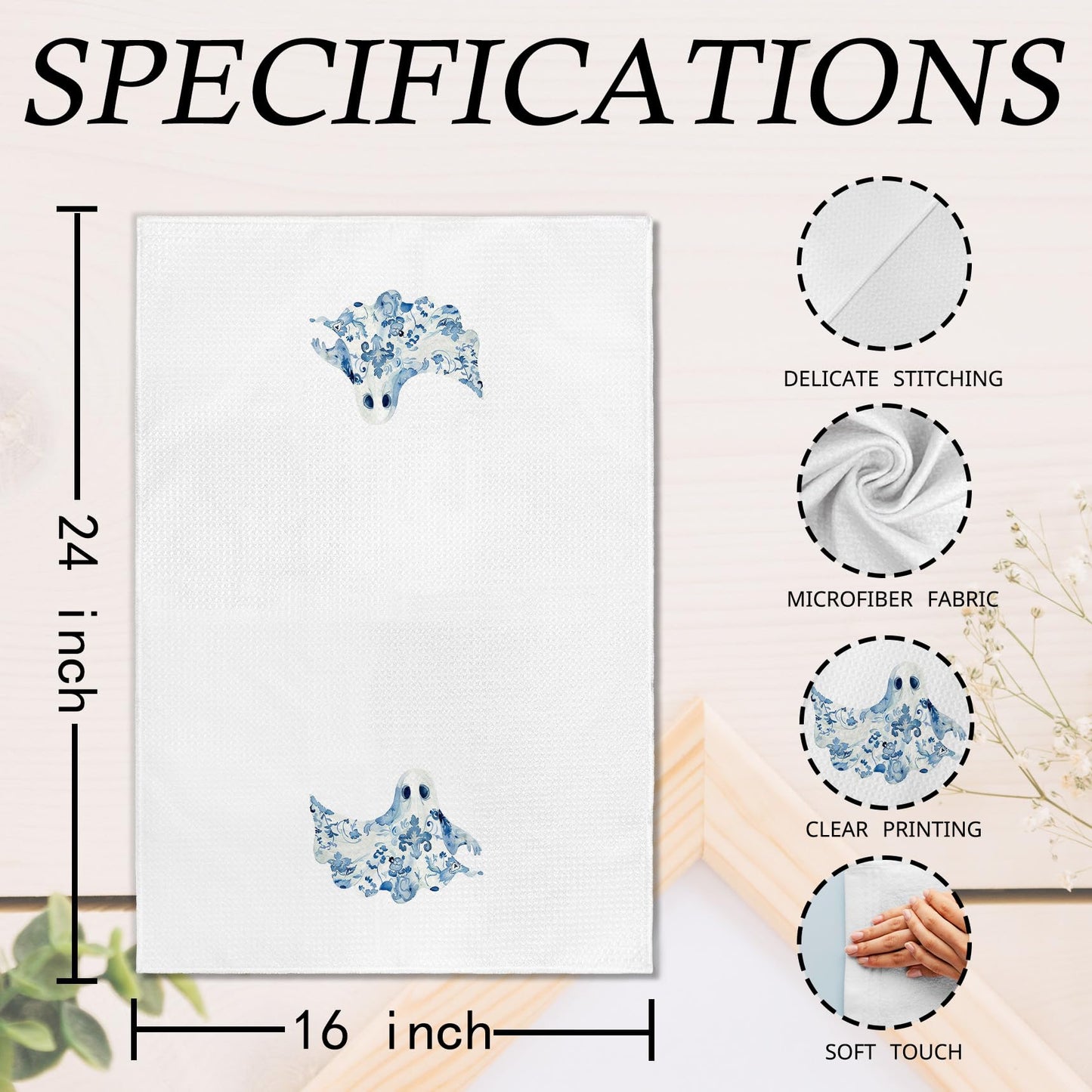 EGBTL Chinoiserie Halloween Ghost Kitchen Towels, Blue and White Chinoiserie Floral Ghost Hand Towels for Bathroom Decor, Grand Millenial Halloween Dishcloths Dish Towel for Kitchen 16x24 Inches