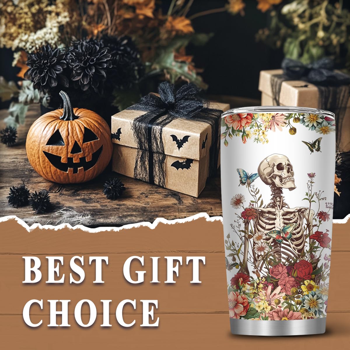 MoYueno Skull Tumbler, Horror Gifts for Skull Lover Men Women, 20 Oz Horror Wicked Spooky Flower Travel Coffee Tumbler Cup with Straw & Brush, Christmas Birthday Thanksgiving Gifts, 1 PCS