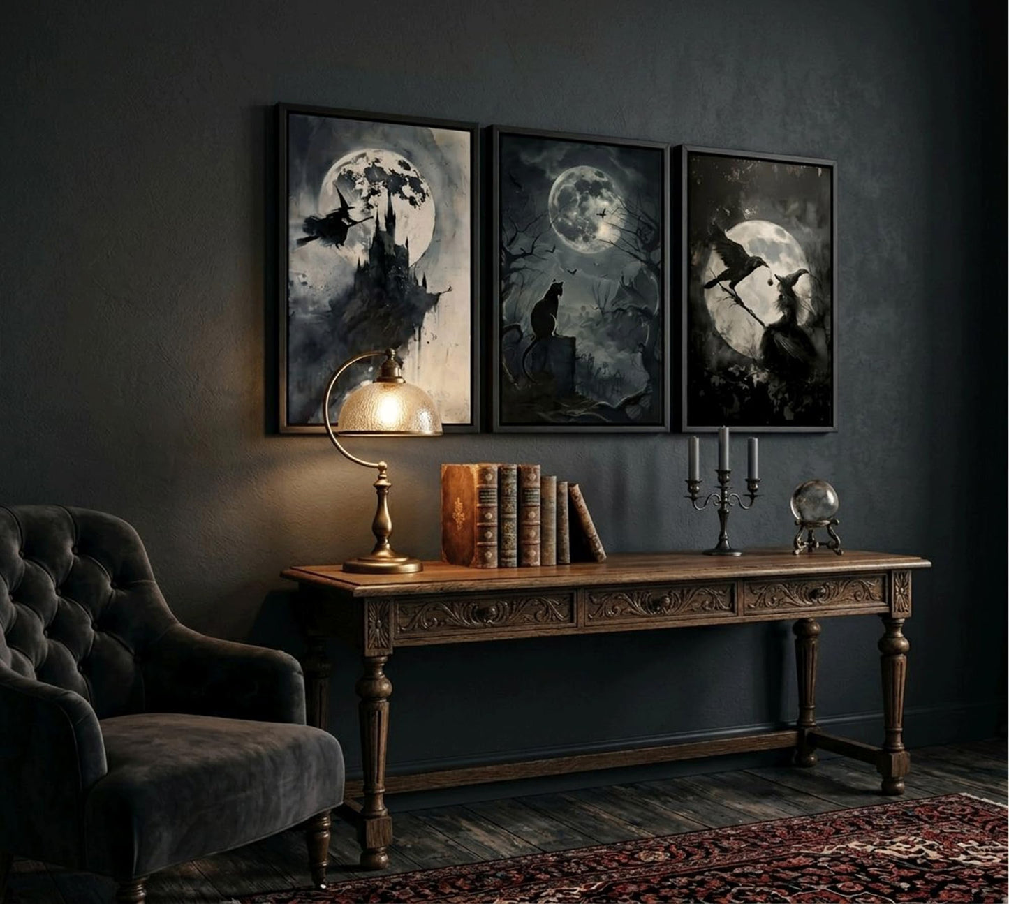 SOUHLP Gothic Wall Art Witch Black Cat Raven Poster Set, 12x16in