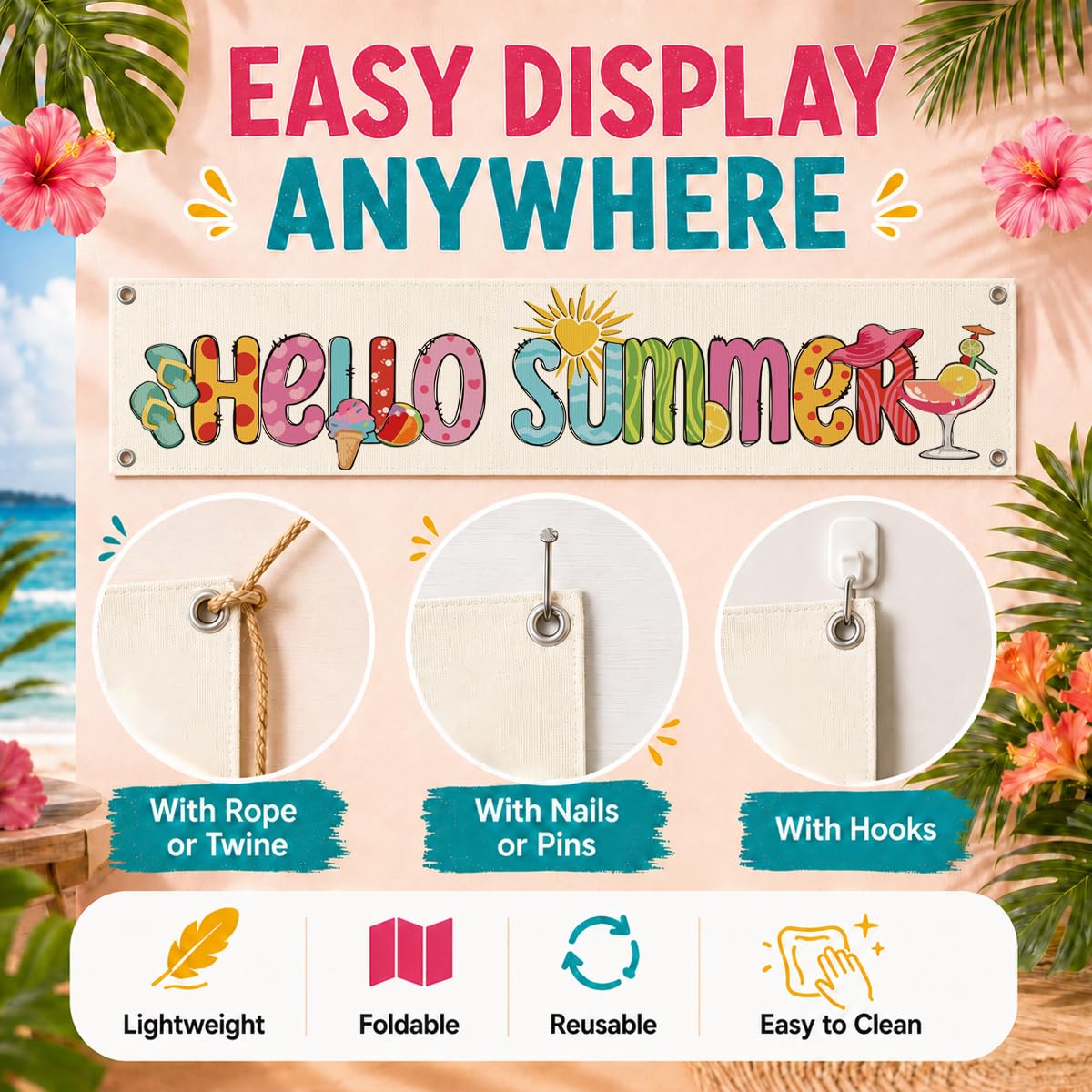Summer Porch Banner Decor, Hello Summer Fun Wall Hanging with Ice Cream Beach Cocktail Design, Seasonal Entryway Doorway Hallway Home Accent 48x9 Inches