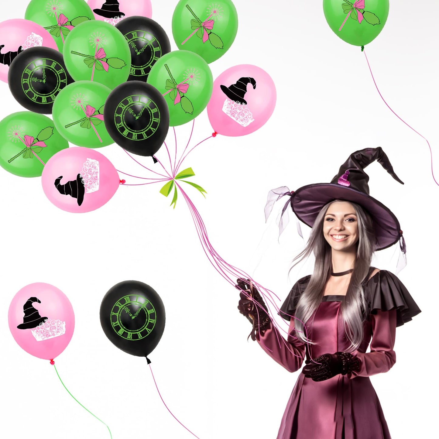 Pink and Green Party Decorations Happy Birthday Banner Balloons Cupcake Toppers and Cake Toppers for Girls Women Baby Shower Princess Witch Birthday Party Decorations