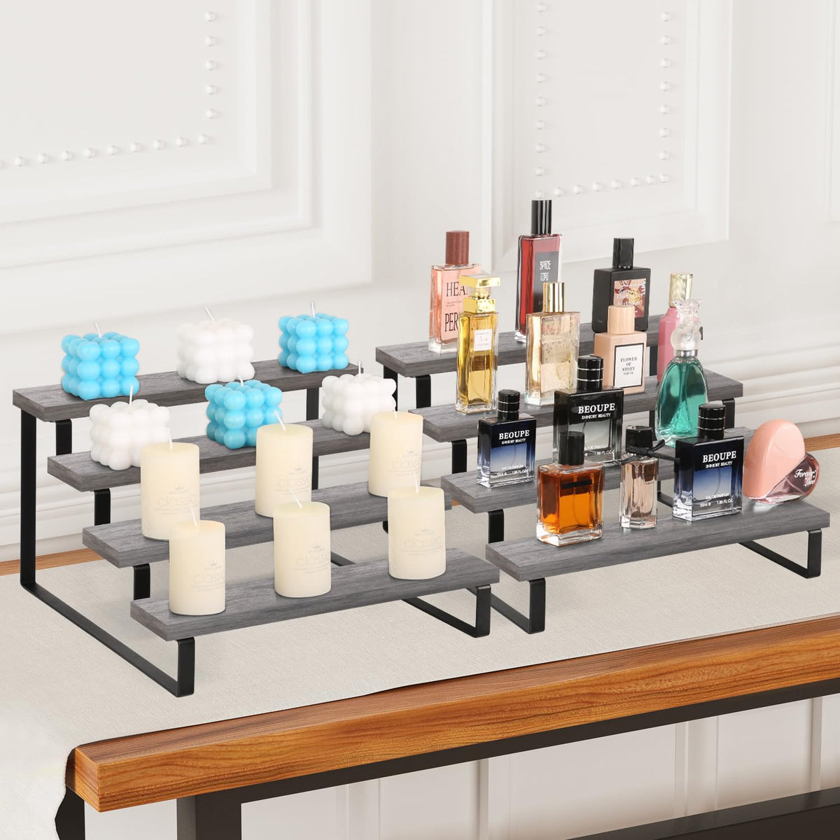 YINMIT Wooden Display Riser Stand, Tiered Perfume and Cologne Organizer Stand, 4 Tier Spice Rack Organizer, Rustic Display Shelf for Candles (4 Tier,2Pack,Grey)