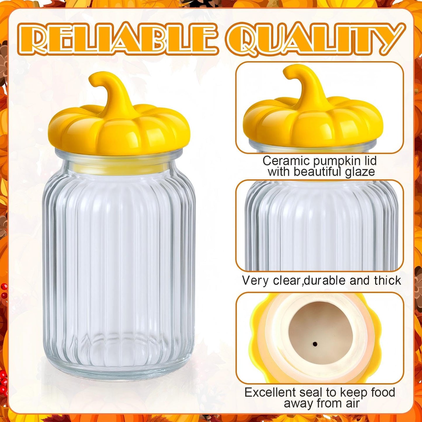 Mimorou 3 Set Pumpkin Glass Jar with Pumpkin Airtight Ceramic Lid 44 oz 33 oz 22oz Fall Clear Candy Jar Food Storage for Thanksgiving Party Cookie Table Decoration(Yellow, Orange, Green,Autumn)