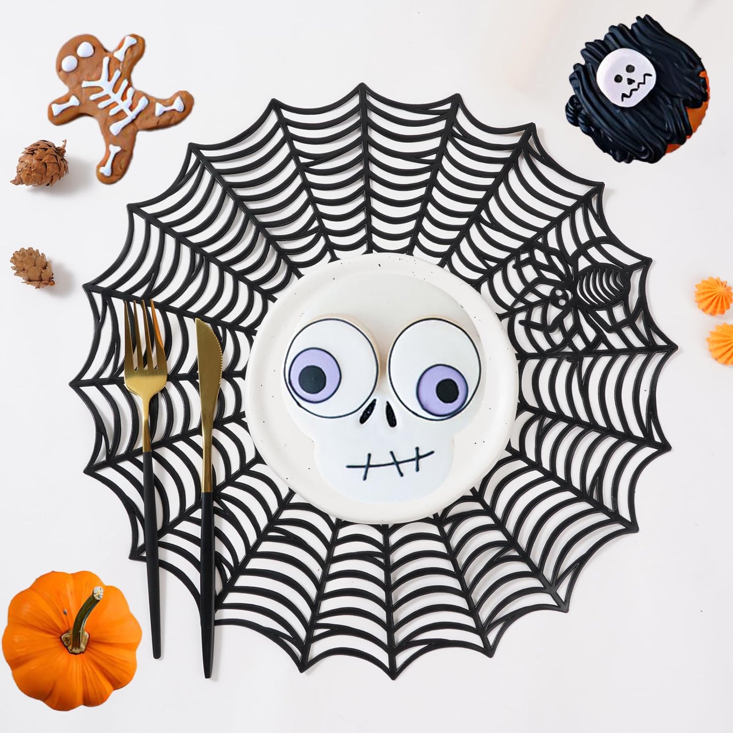 Halloween Spider Web Placemat Set of 8 Include 15" Heat Insulation Spider Web Table Mat 4" Hollow Out Spiderweb Coasters Ideal for Family Festival Party Home Dining Table Decor