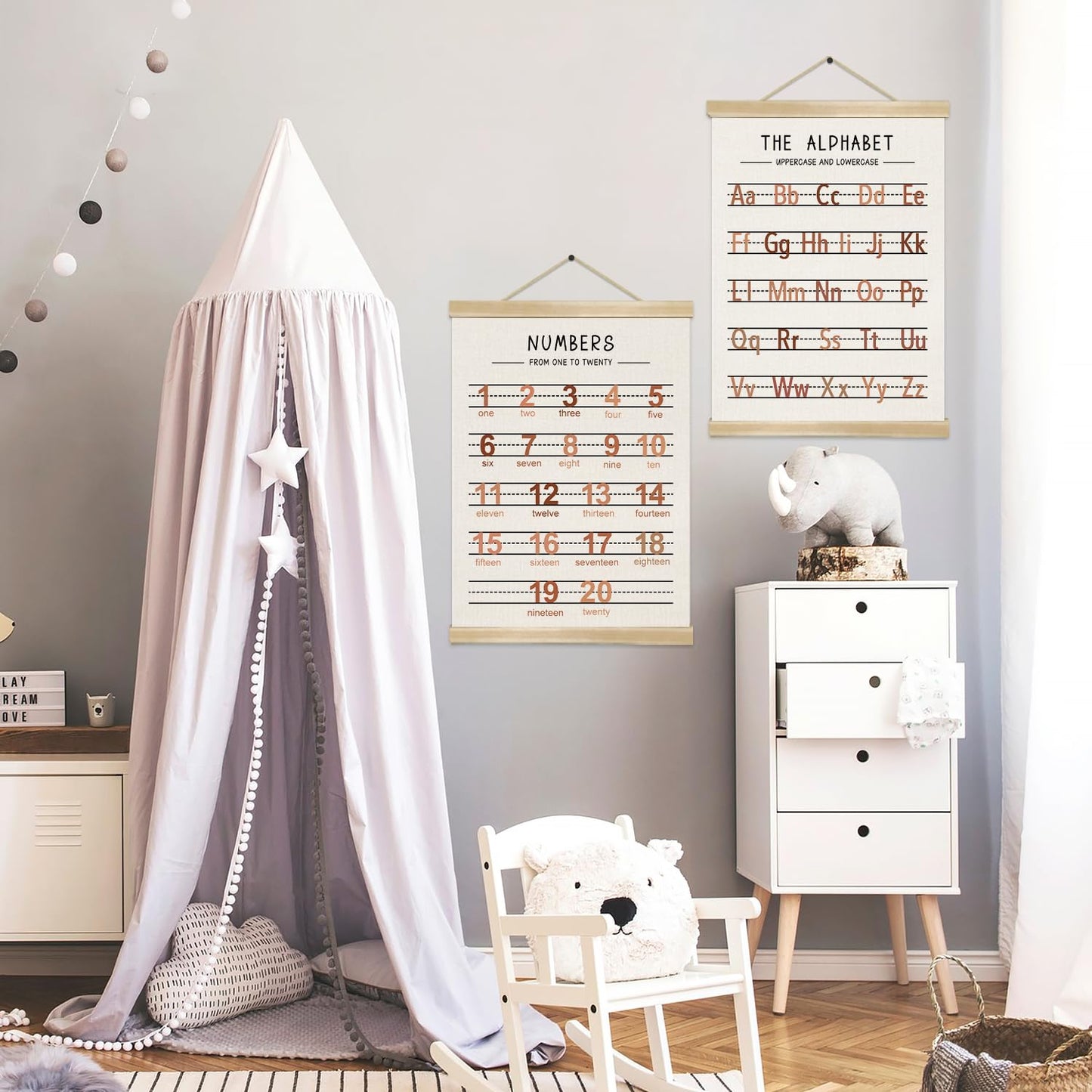 Alphabet and Numbers Wall Chart Set of 2 ,Nursery Educational Canvas Posters,Alphabet and 1-20 Number Learning Banners for Toddlers, Preschool Classroom, Homeschool, Playroom,Kids Room Decor 14 x 18.5 Inch (Brown)