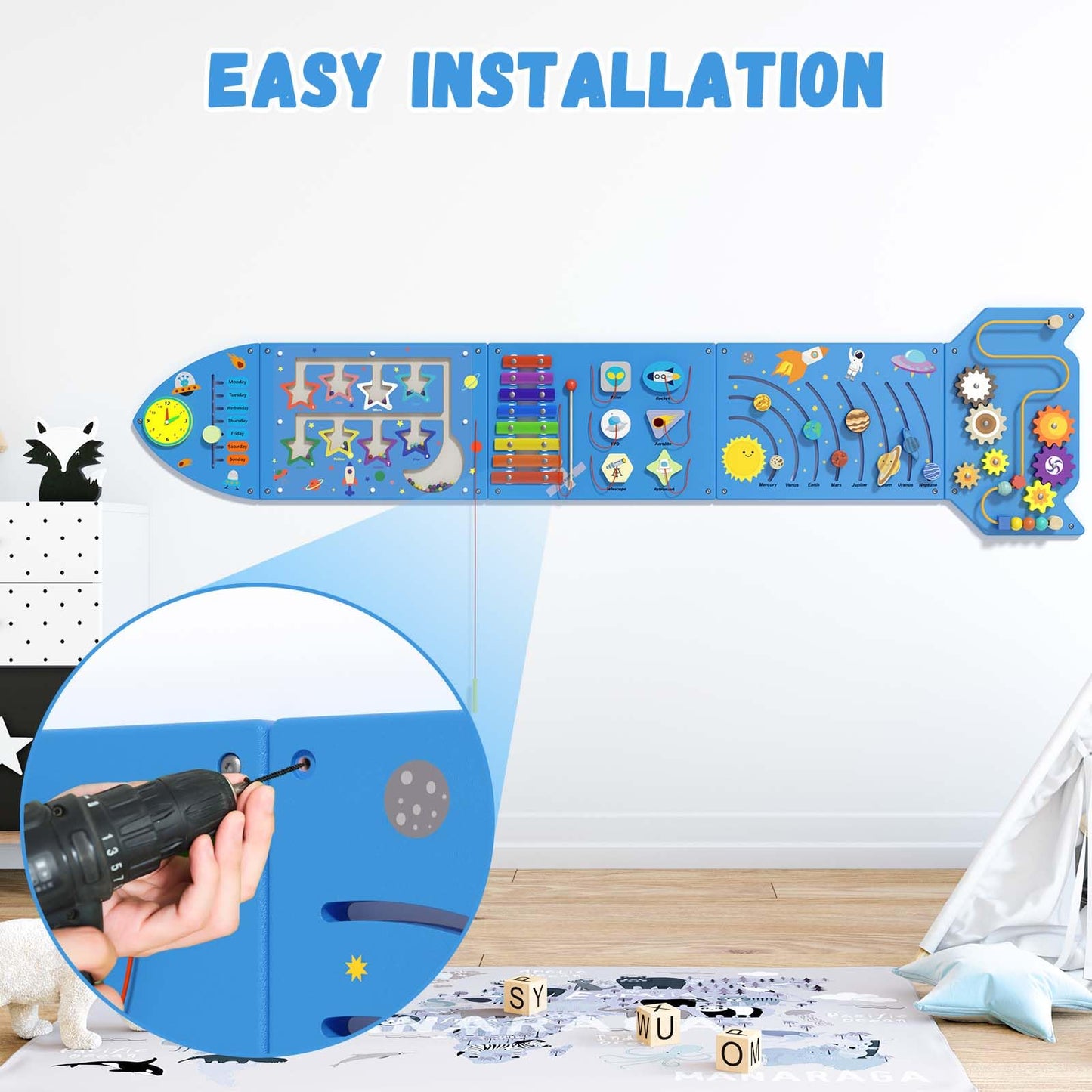 nigwet Rocket Activity Wall Busy Board Panels - Sensory Wall Panel for Kids, Montessori Toddler Wall Activity Board, Wall Toys for Toddlers 3, Activity Cube, Wooden Boards, Blue