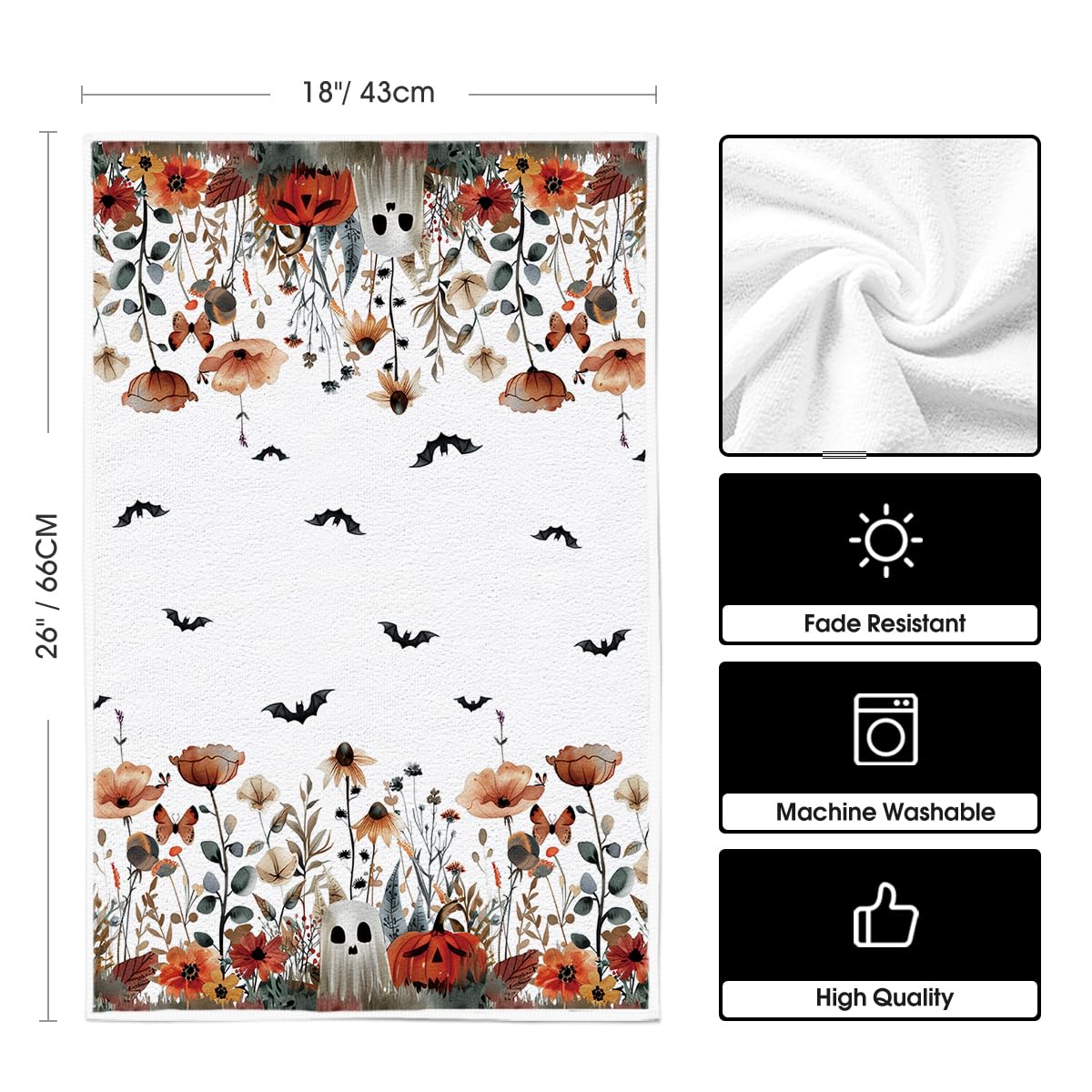 Artoid Mode Ghost Pumpkins Bats Floral Spooky Halloween Kitchen Towels Dish Towels, 18x26 Inch Jack-O'-Lantern Decoration Hand Towels Set of 2