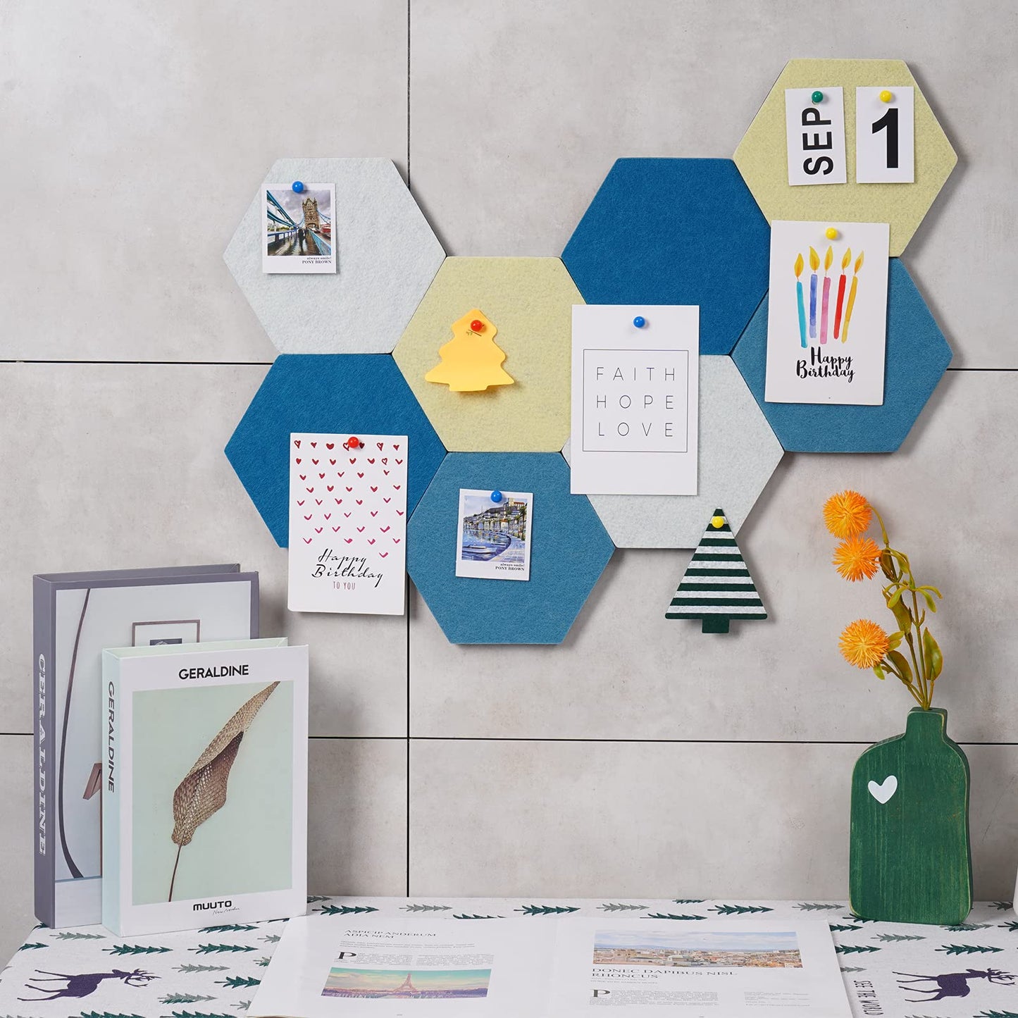Afumazi 8Pcs Hexagon Felt Cork Board Tiles Self Adhesive Bulletin Board, Pin Board for Wall Decor Memos Photos Display (Set A)