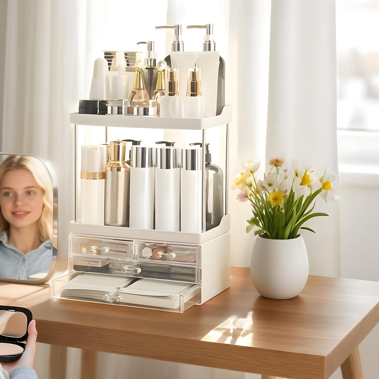 Brothersbox Bathroom Organizers and Storage, 5-Tier 4-Drawer Makeup Organizer Countertop, Multi-Purpose Large Makeup Vanity Organizer, Hair Product, Perfume & Skincare Storage, White