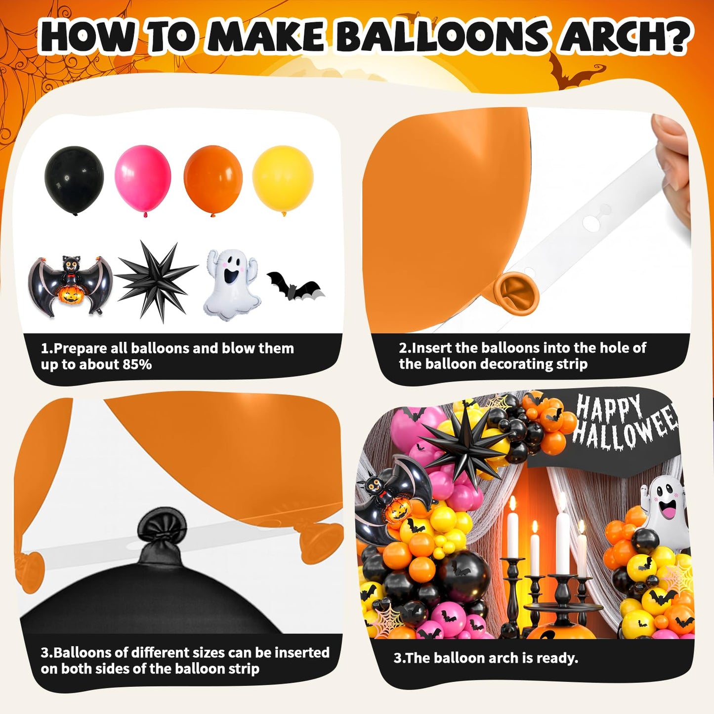 Halloween Balloon Arch Garland Kit, Halloween Party Decorations with Black Orange Hot Pink Yellow Latex Balloon Spider Ghost Foil Balloons Bat Sticker for Halloween's Baby Shower Ghost Party Supplies