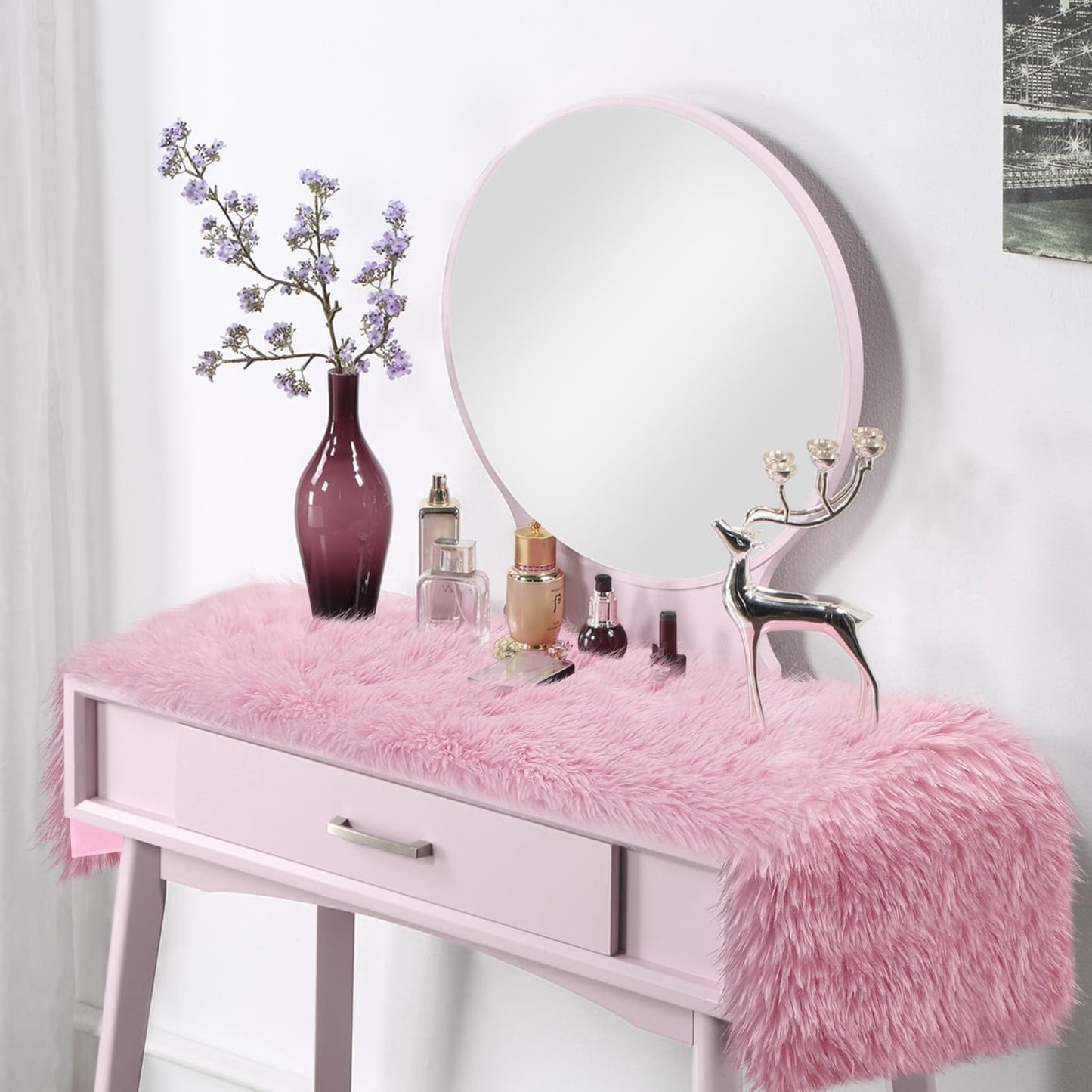 tiosggd Pink Table Runner 12x36 inch, Soft Fluffy Faux Fur Dresser Scarf for Bedroom, Coffee Table, Small Nightstand Cover, Pastel Pink Home Decor for Spring, Birthday, Wedding, Bridal Shower Party