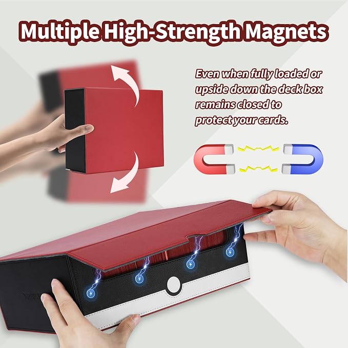 tombert Card Storage Box - 1800+ Capacity Case with 6 Dividers & Secure Magnetic Seal for TCG, MTG, YuGiOh, Sport Cards (3 Rows-White & Red)