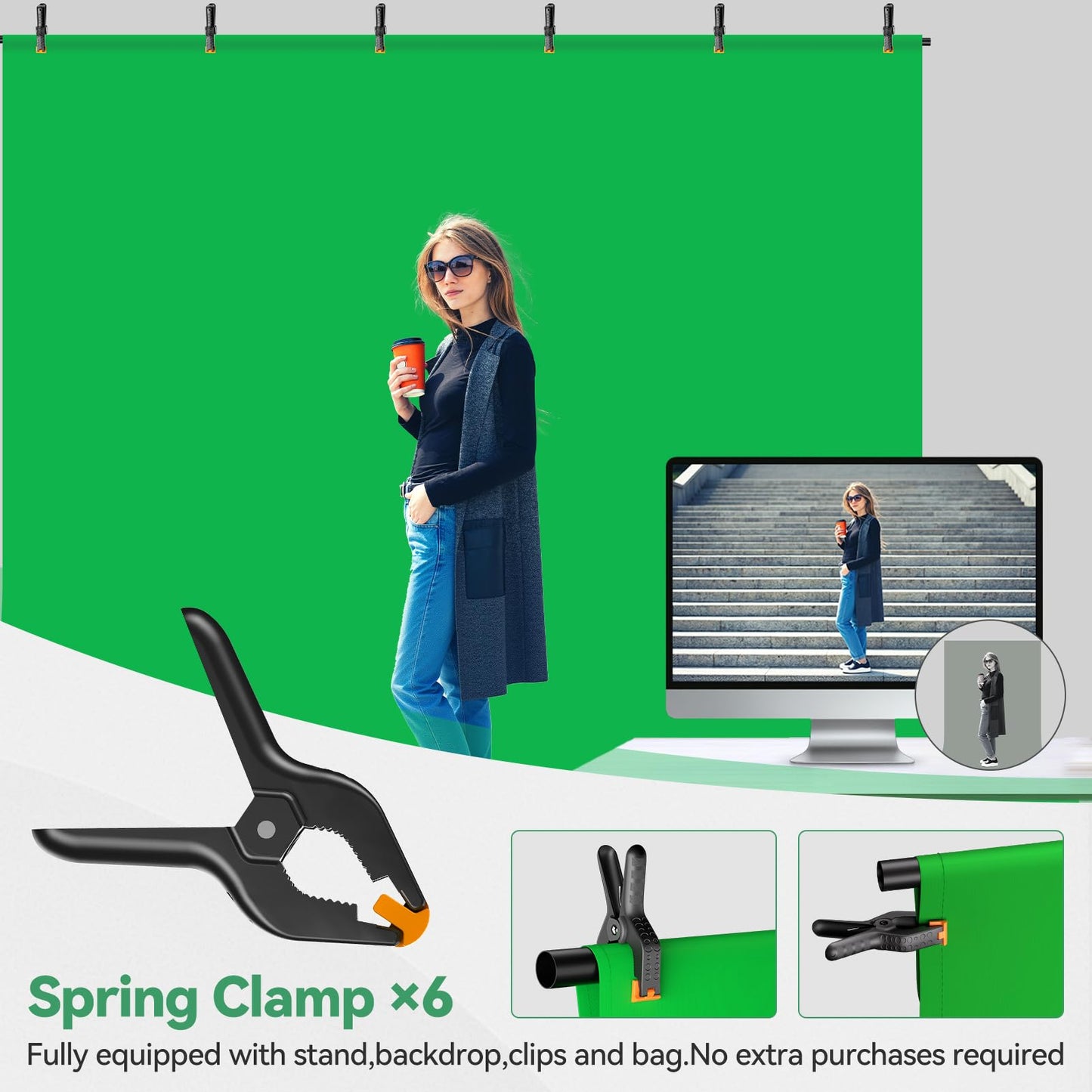EMART Green Screen Backdrop Kit, 8.5x8.5ft Large Green Screen Backdrop with 8.8x7.5FT Reverse Folding T-Shape Tripod Stand, Spliced Crossbar Plate & 6 Clamps for Studio Shooting, Live Stream